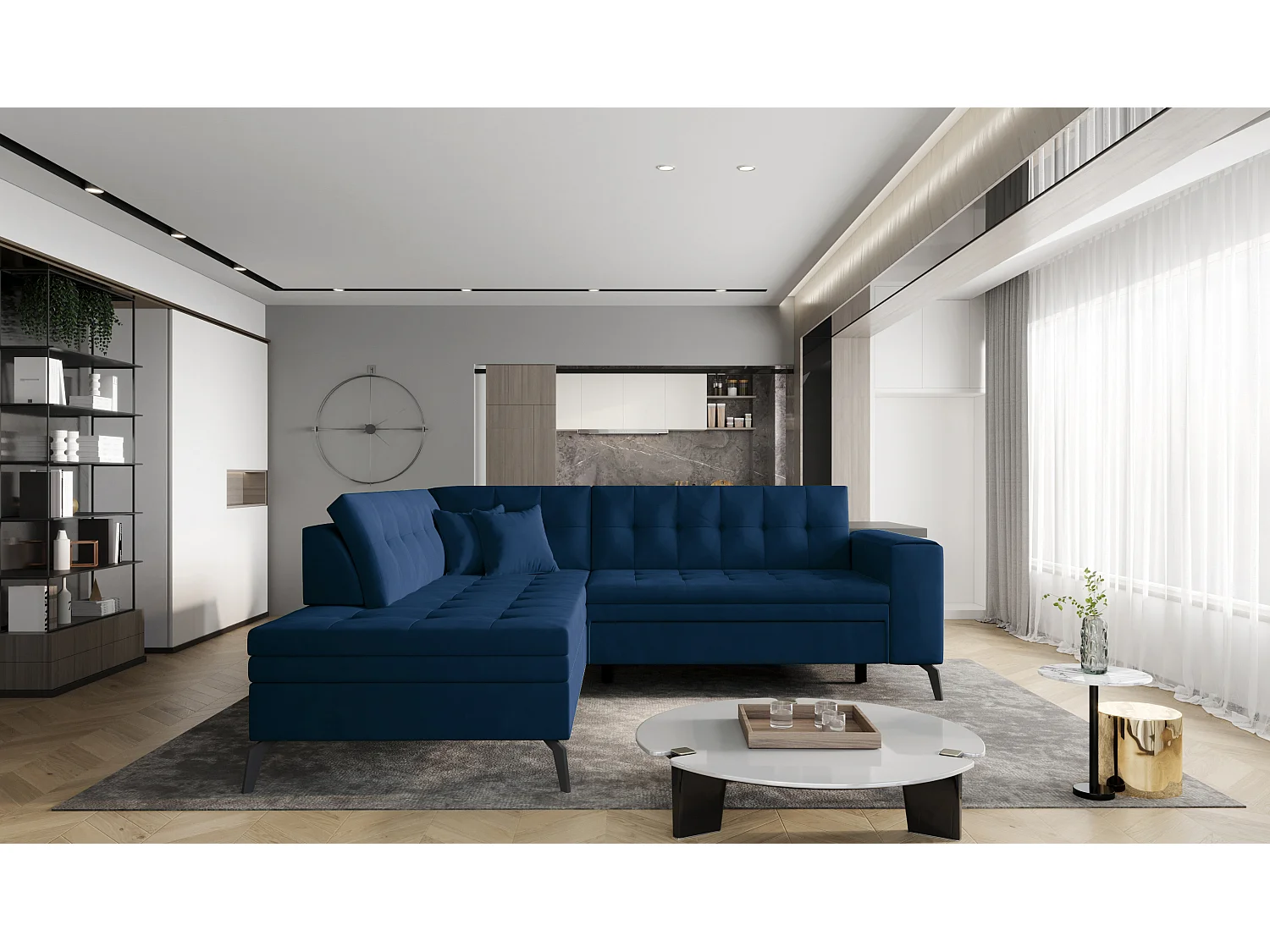 Canapé d'angle convertible velours LARRY - Pieds acier noir-Bleu nuit-angle gauche