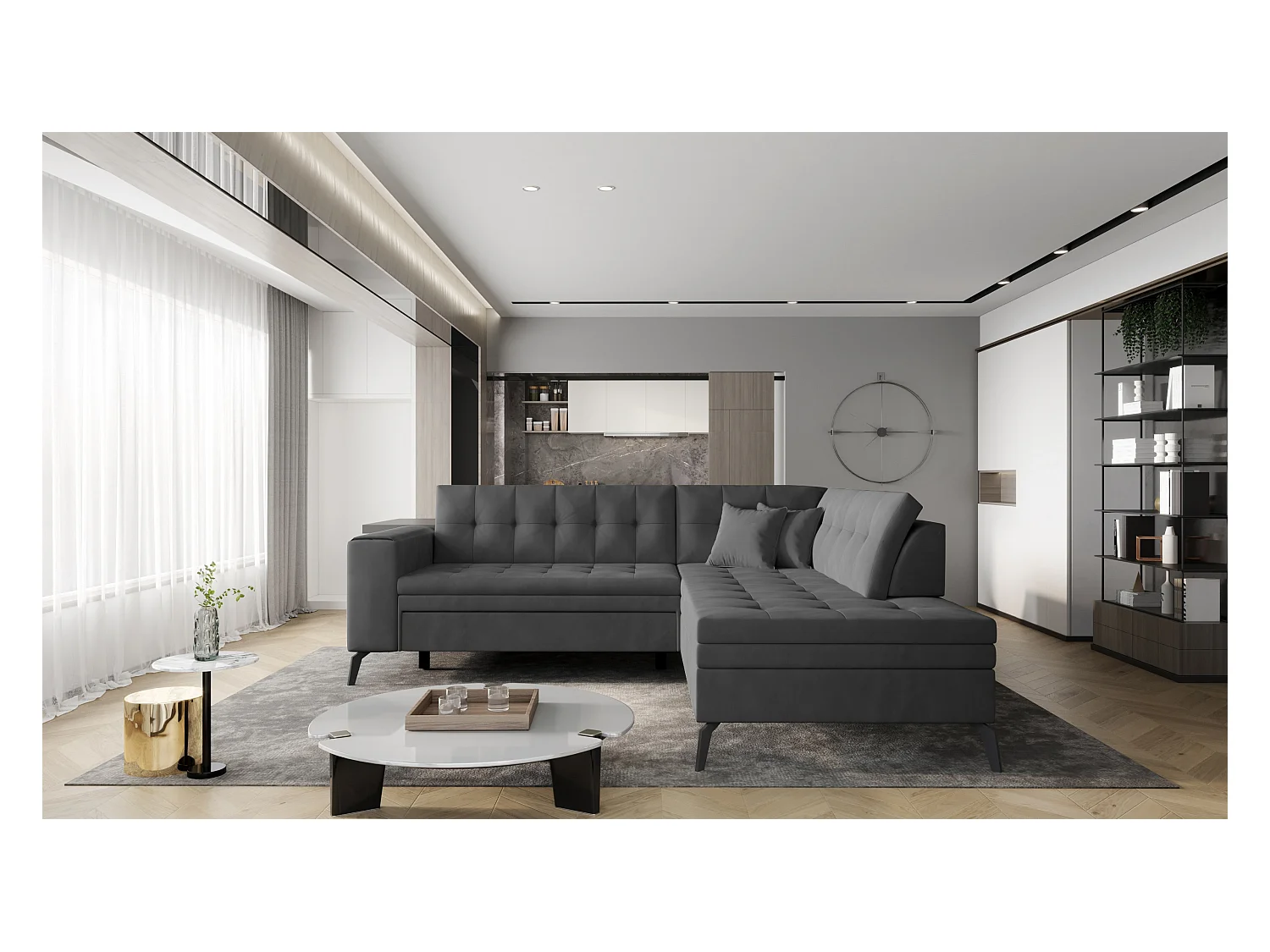 Canapé d'angle convertible velours LARRY - Pieds acier noir-Gris foncé-angle droit