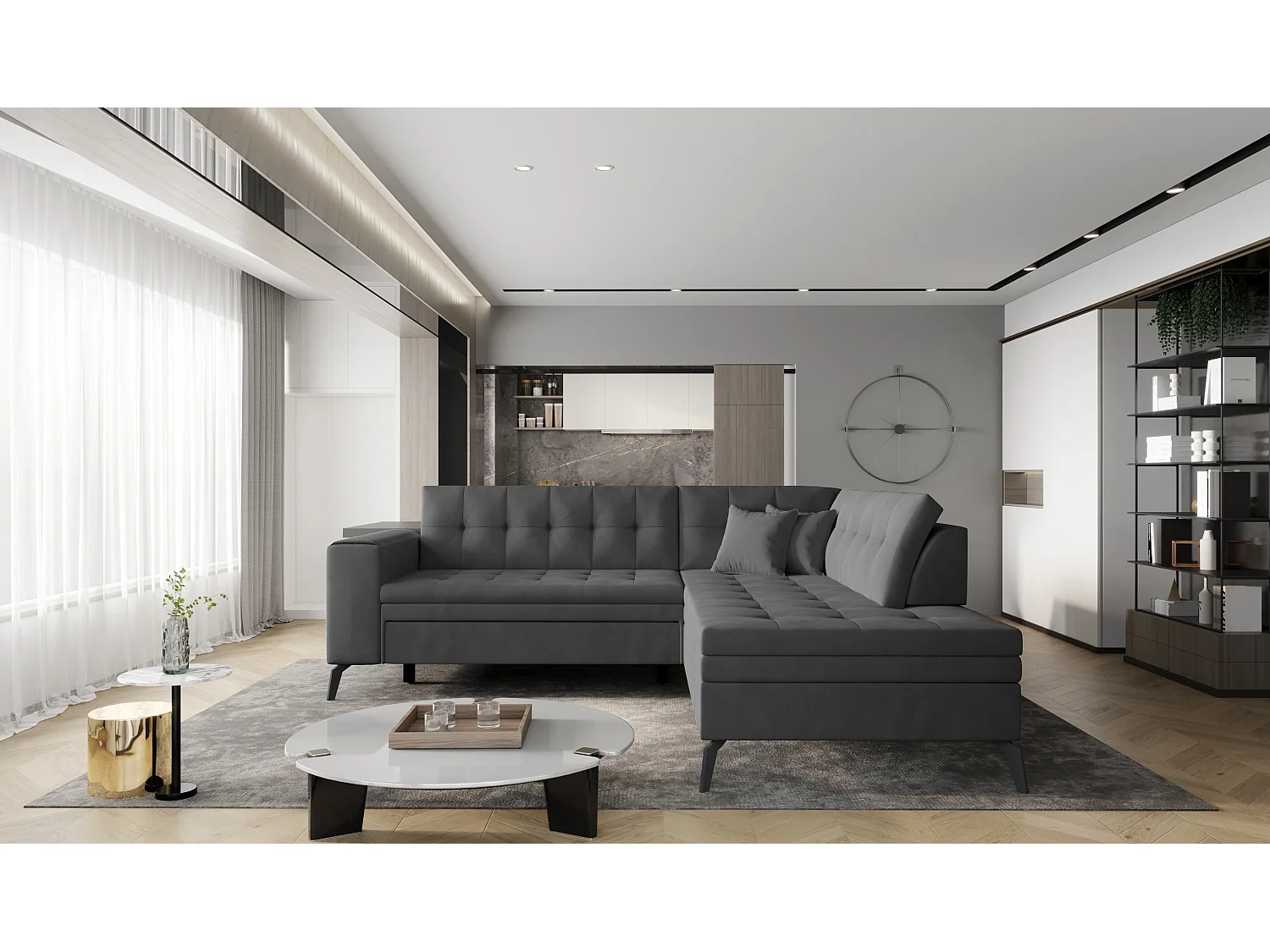 Canapé d'angle convertible velours LARRY - Pieds acier noir-Gris foncé-angle droit