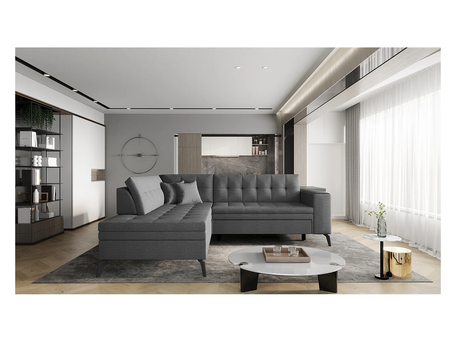 Canapé d'angle convertible tissu LARRY - Pieds acier noir-Gris foncé-angle gauche