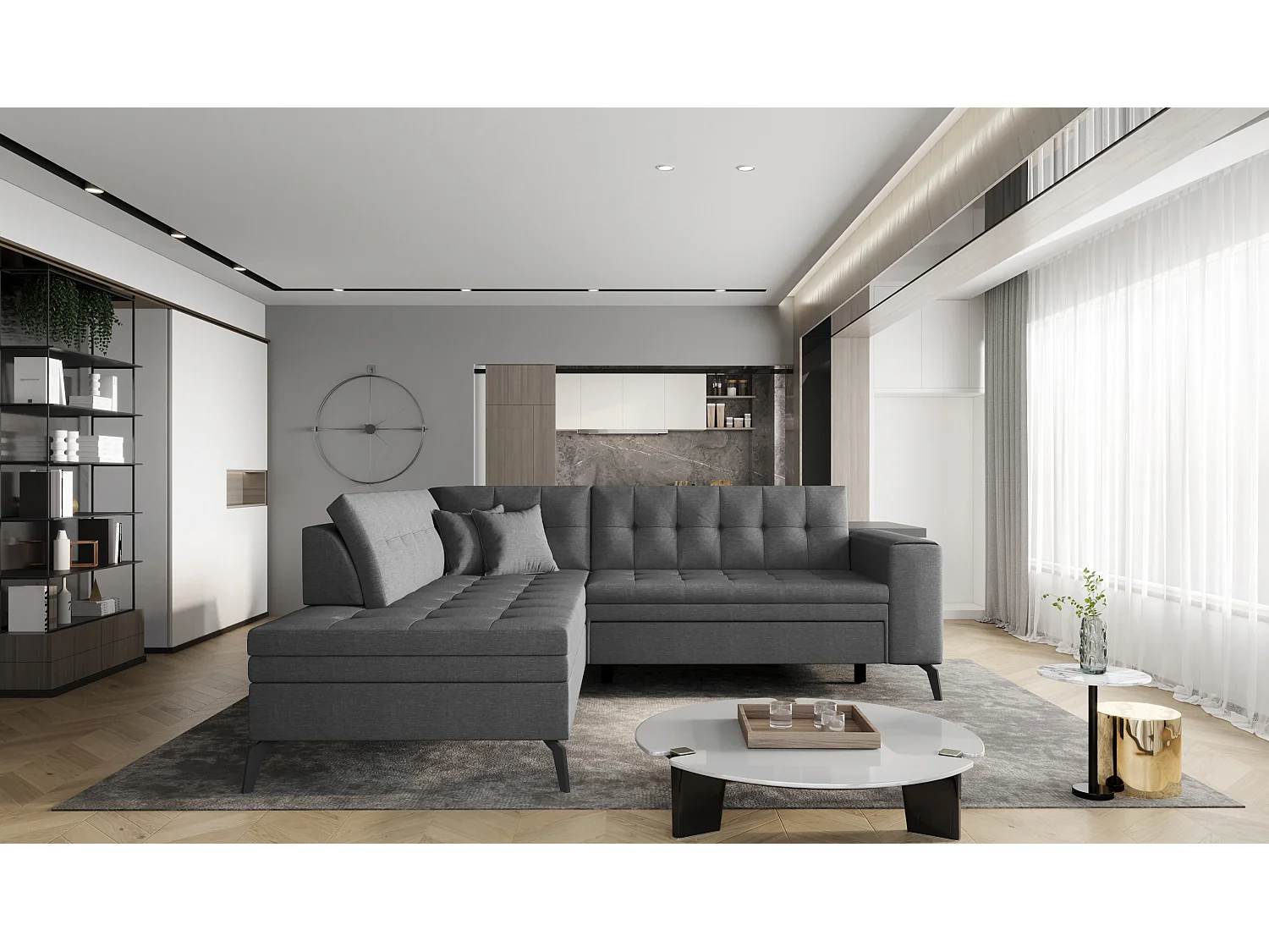 Canapé d'angle convertible tissu LARRY - Pieds acier noir-Gris foncé-angle gauche