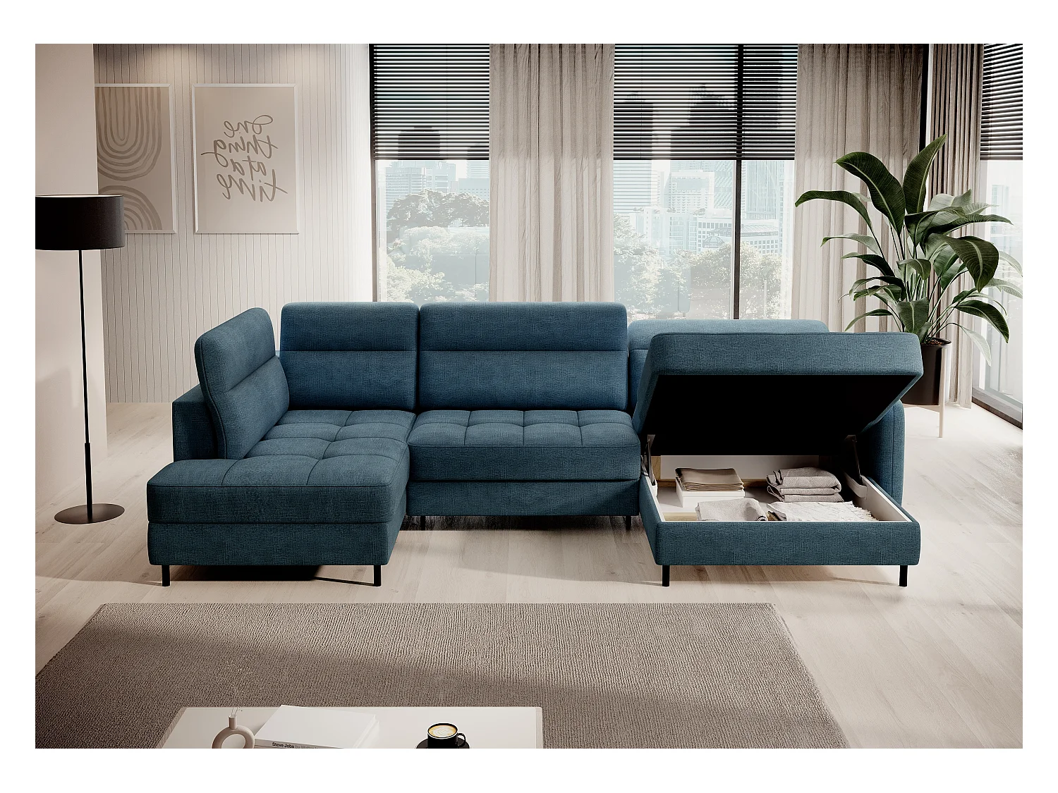 Canapé panoramique convertible BENTO en tissu avec coffre de rangement-Bleu canard-angle droit