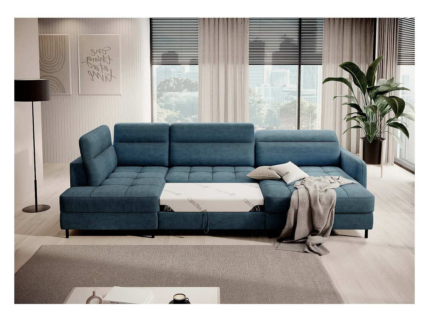 Canapé panoramique convertible BENTO en tissu avec coffre de rangement-Bleu canard-angle droit