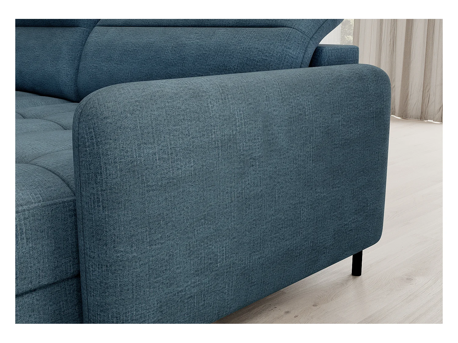 Canapé panoramique convertible BENTO en tissu avec coffre de rangement-Bleu canard-angle droit