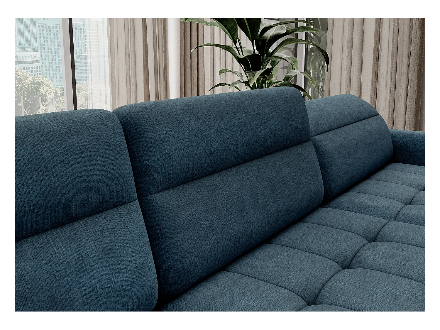 Canapé panoramique convertible BENTO en tissu avec coffre de rangement-Bleu canard-angle droit