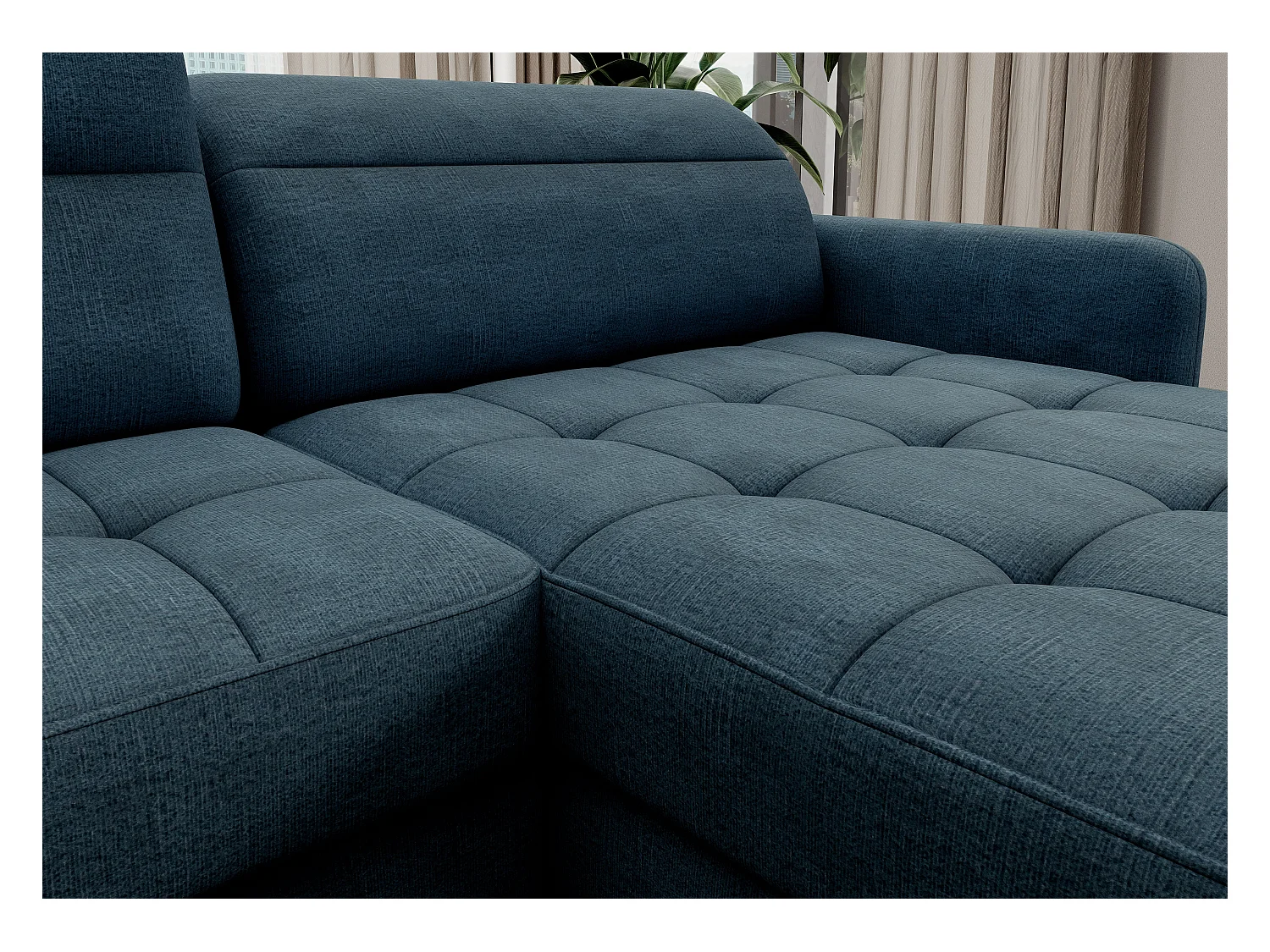 Canapé panoramique convertible BENTO en tissu avec coffre de rangement-Bleu canard-angle droit