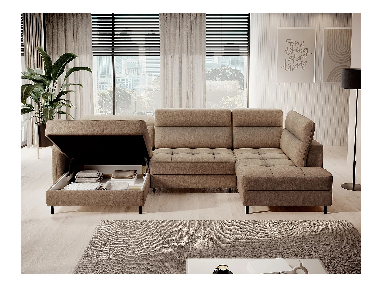 Canapé panoramique convertible BENTO en tissu avec coffre de rangement-Bleu canard-angle droit