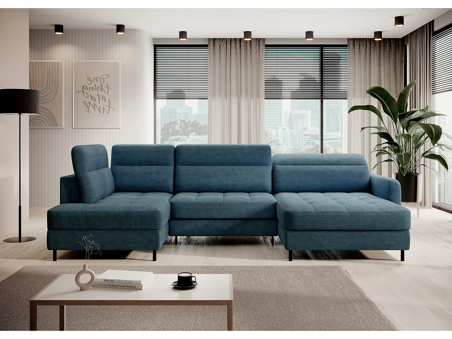 Canapé panoramique convertible BENTO en tissu avec coffre de rangement-Bleu canard-angle droit