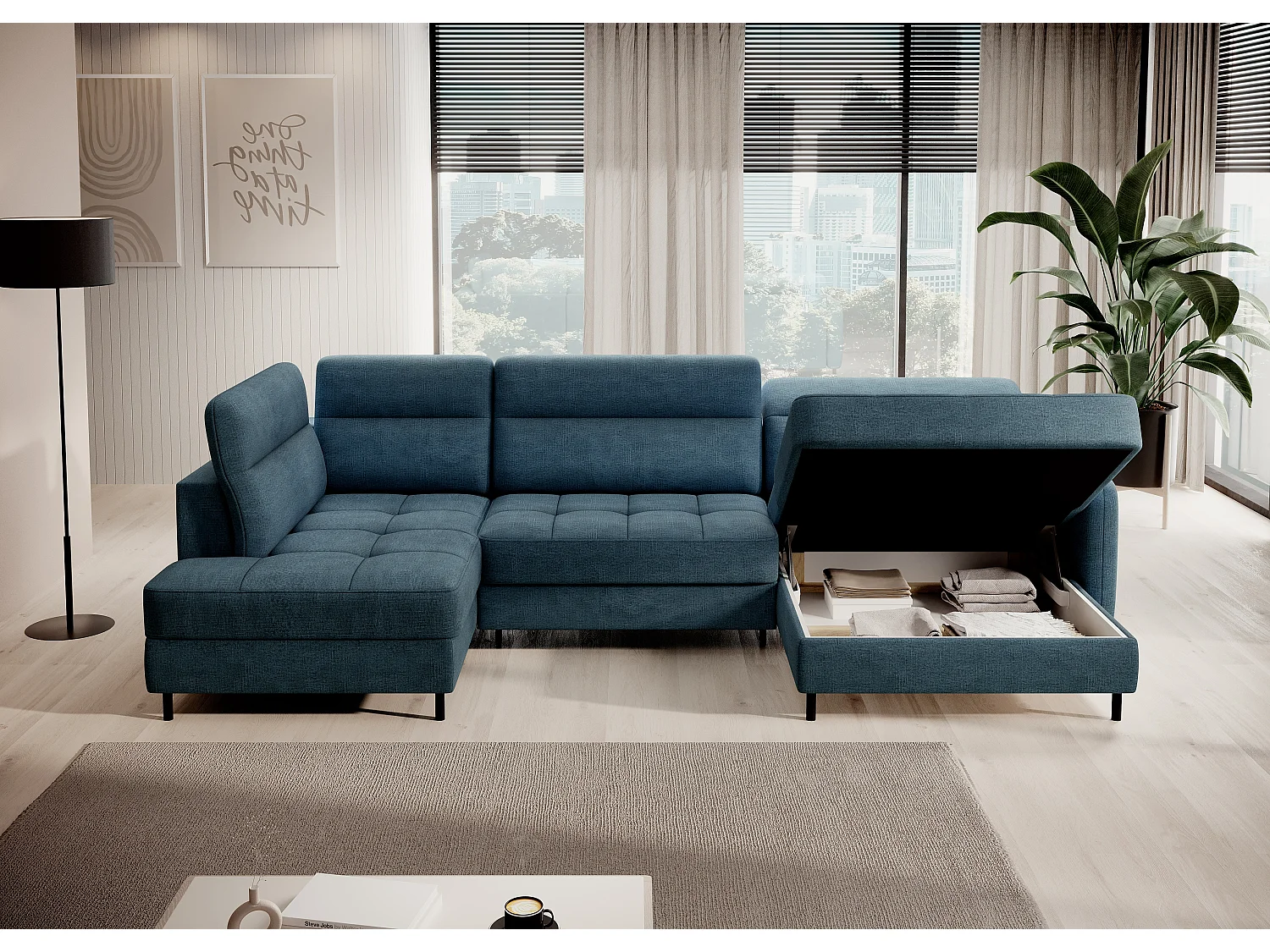 Canapé panoramique convertible BENTO en tissu avec coffre de rangement-Bleu canard-angle droit