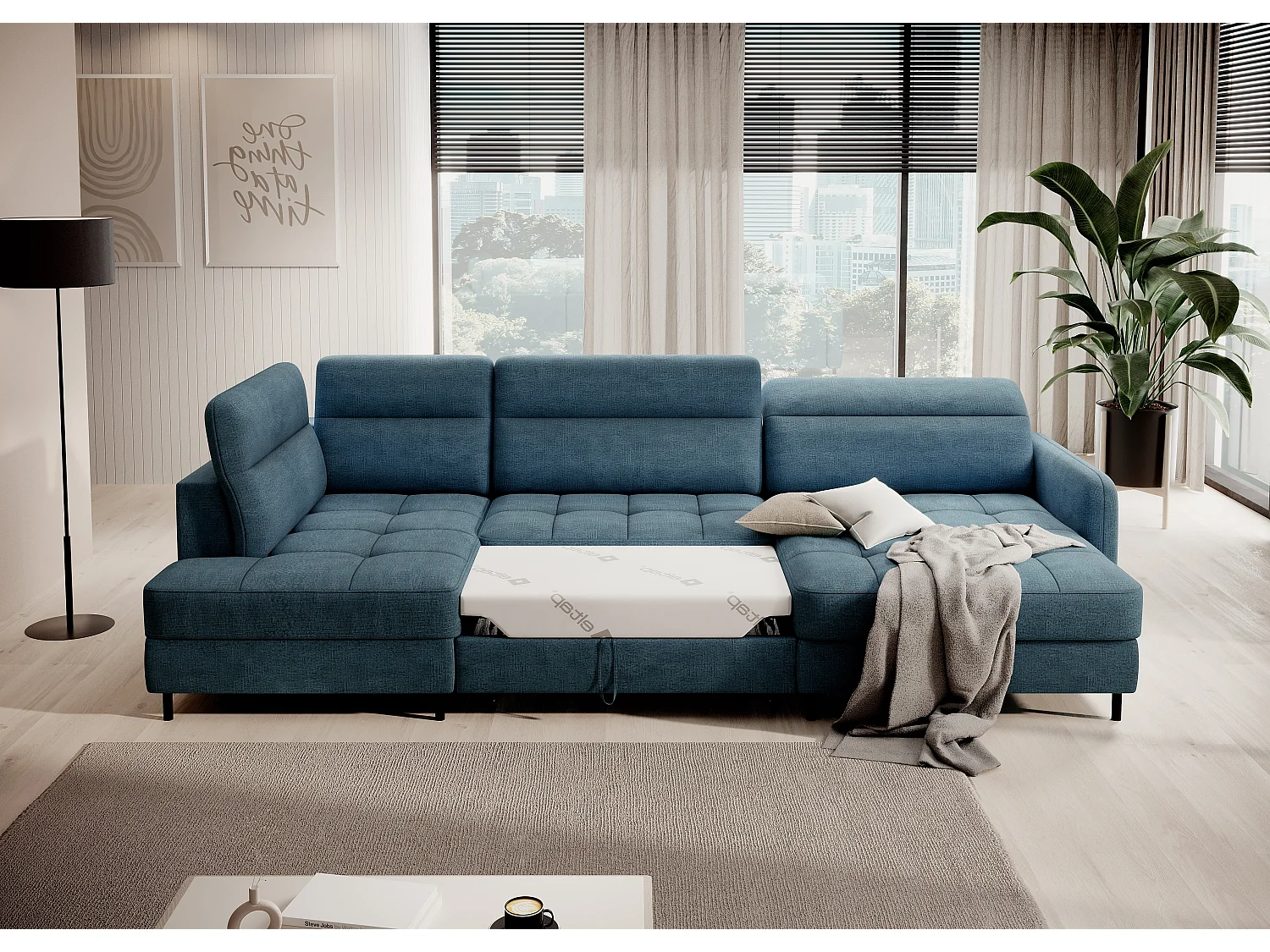 Canapé panoramique convertible BENTO en tissu avec coffre de rangement-Bleu canard-angle droit