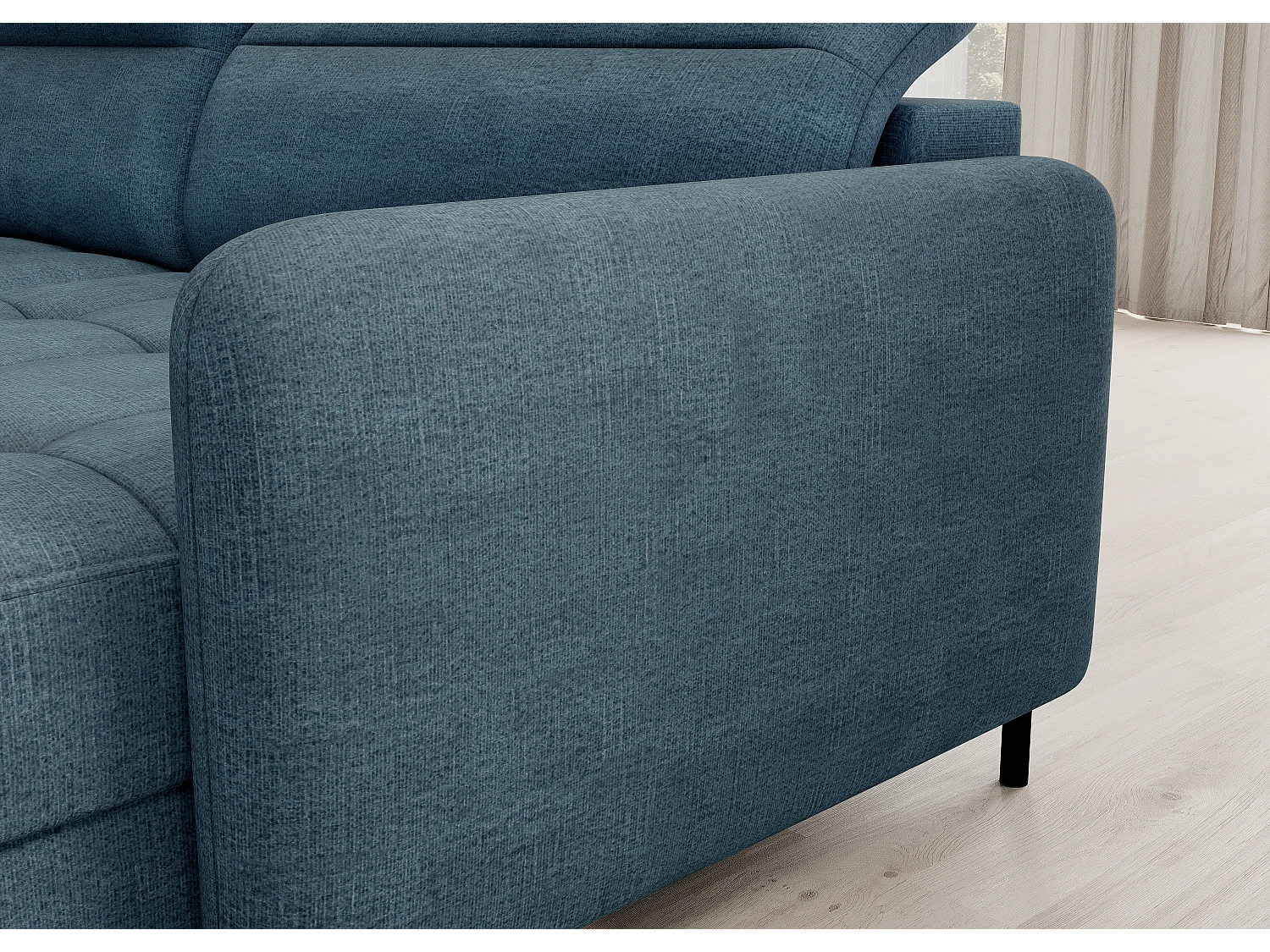 Canapé panoramique convertible BENTO en tissu avec coffre de rangement-Bleu canard-angle droit