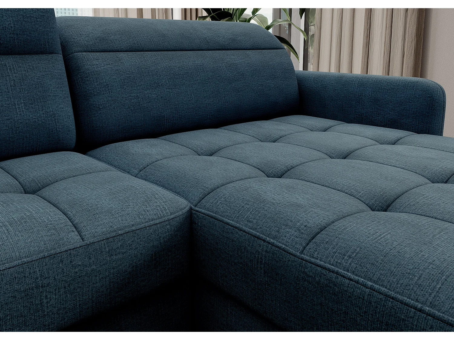 Canapé panoramique convertible BENTO en tissu avec coffre de rangement-Bleu canard-angle droit