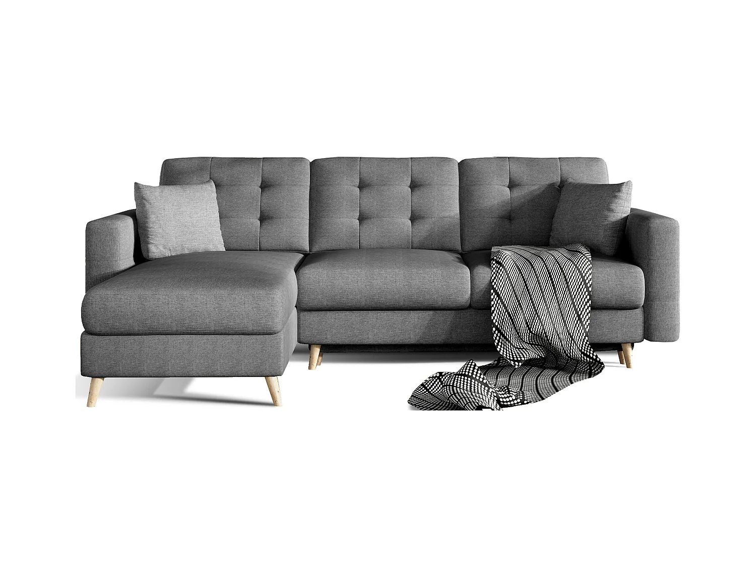 Canapé d'angle convertible et réversible tissu ANSKA - Pieds bois naturel-Gris foncé