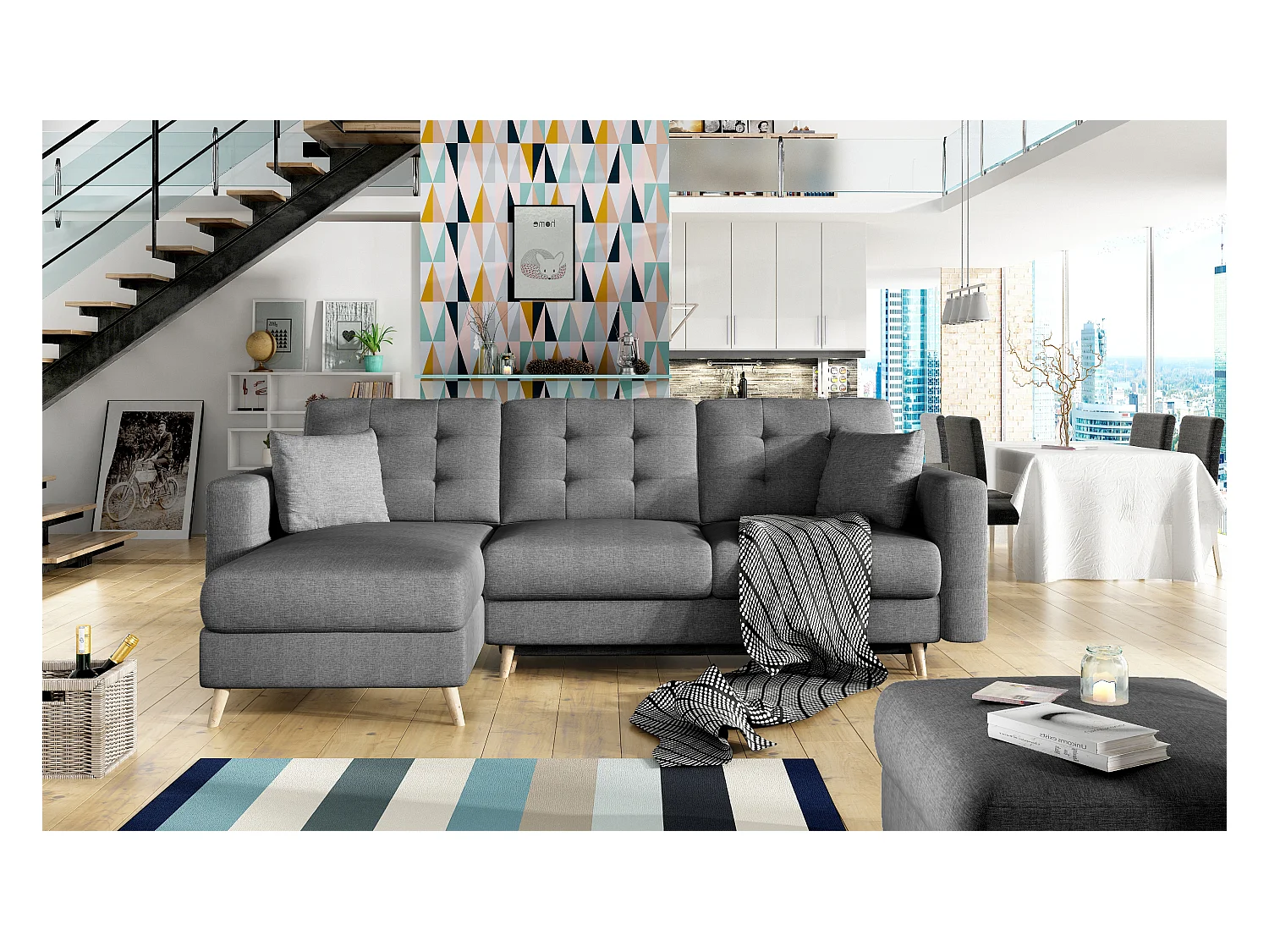 Canapé d'angle convertible et réversible tissu ANSKA - Pieds bois naturel-Gris foncé