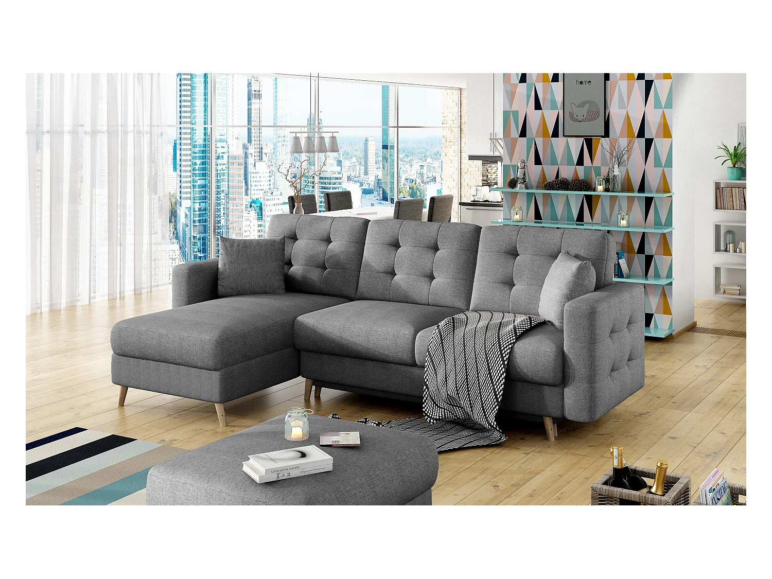 Canapé d'angle convertible et réversible tissu ANSKA - Pieds bois naturel-Gris foncé