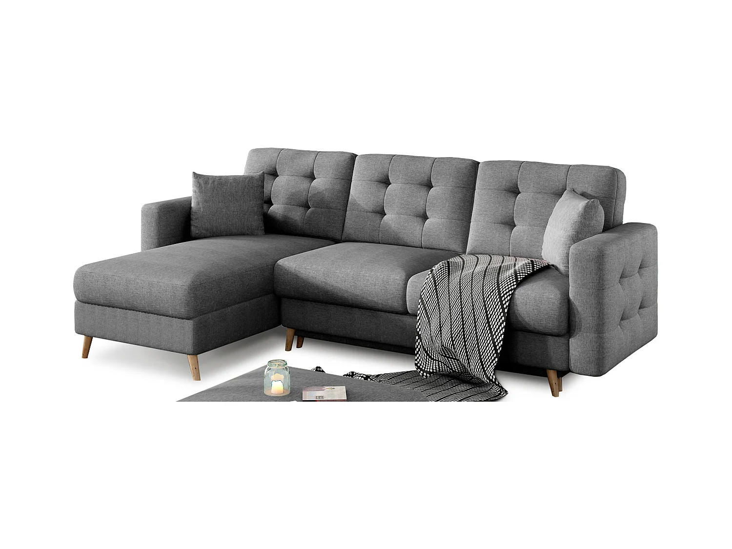 Canapé d'angle convertible et réversible tissu ANSKA - Pieds bois naturel-Gris foncé