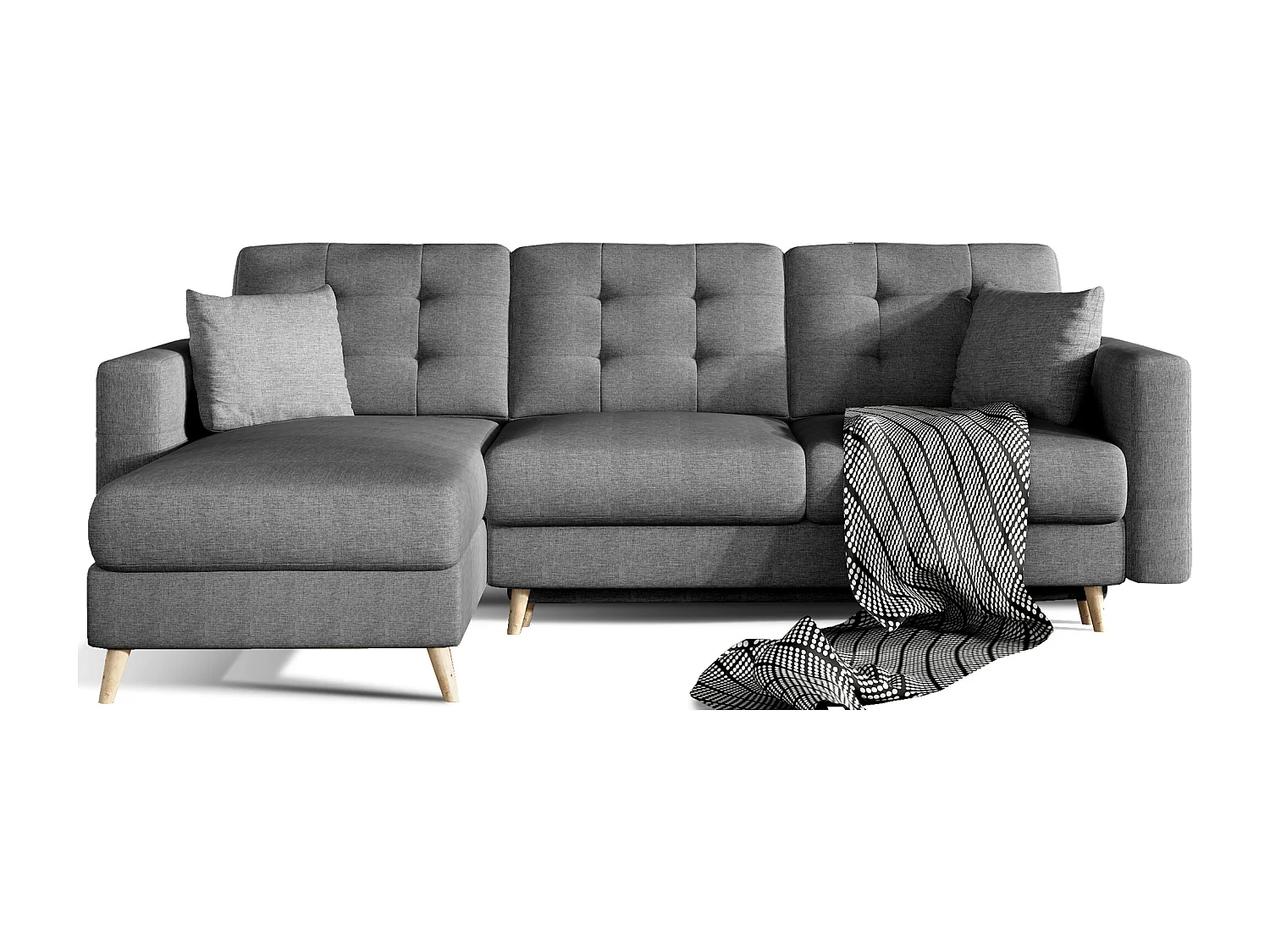 Canapé d'angle convertible et réversible tissu ANSKA - Pieds bois naturel-Gris foncé