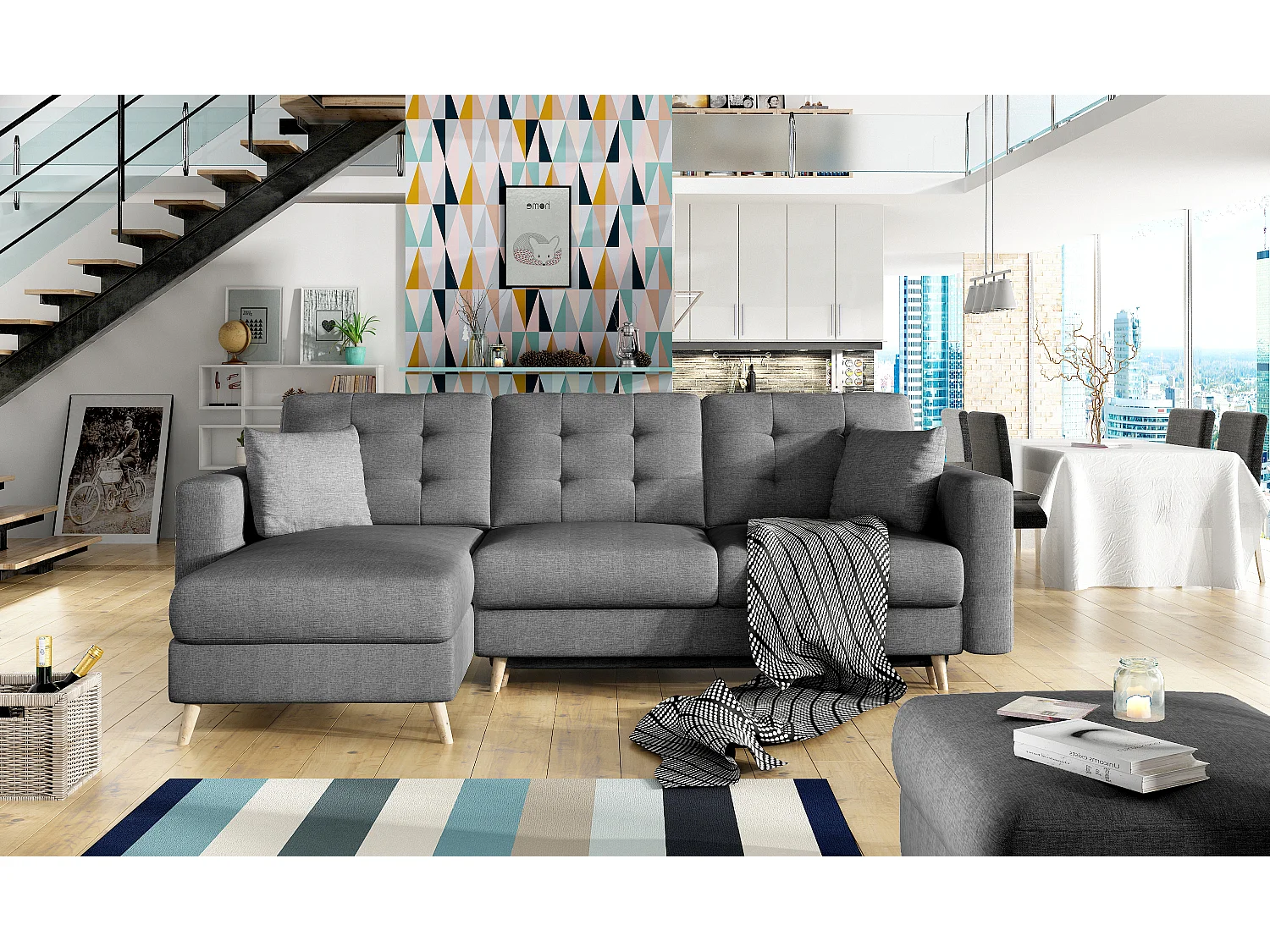 Canapé d'angle convertible et réversible tissu ANSKA - Pieds bois naturel-Gris foncé