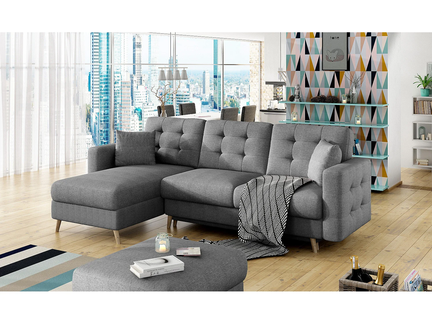 Canapé d'angle convertible et réversible tissu ANSKA - Pieds bois naturel-Gris foncé