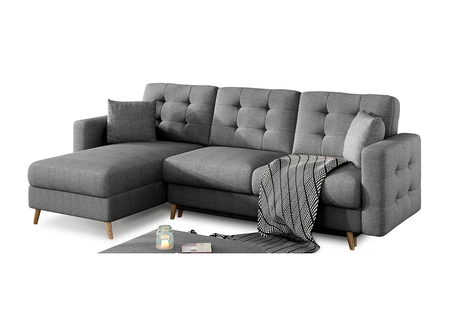 Canapé d'angle convertible et réversible tissu ANSKA - Pieds bois naturel-Gris foncé