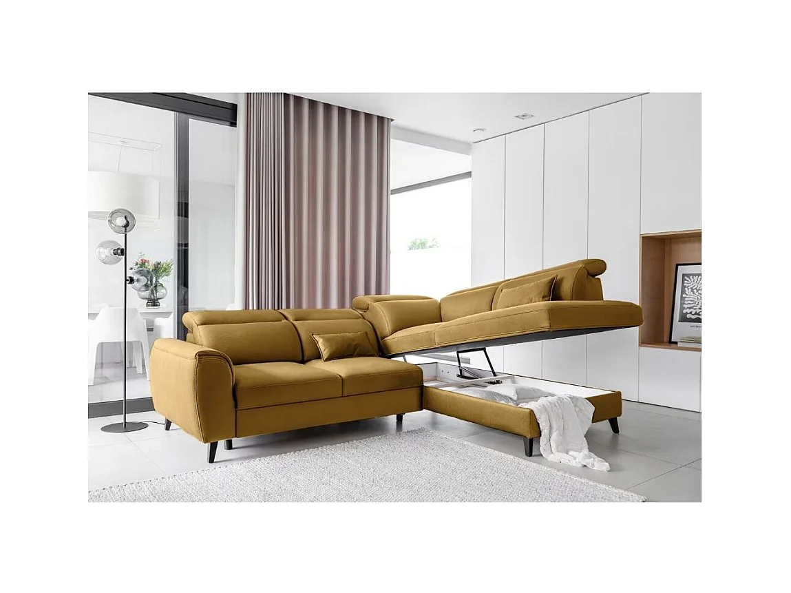 Canapé d'angle convertible avec rangement velours NOBLESSE - Pieds bois noir-Jaune chamoix-angle droit