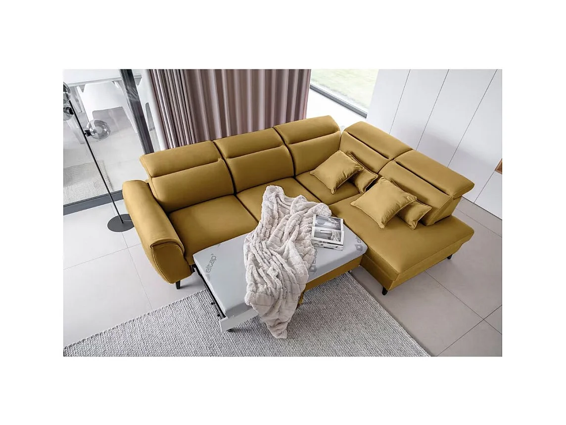 Canapé d'angle convertible avec rangement velours NOBLESSE - Pieds bois noir-Jaune chamoix-angle droit