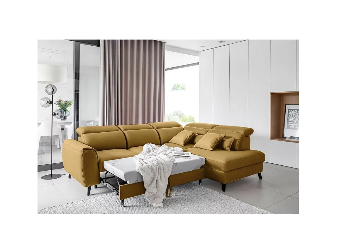 Canapé d'angle convertible avec rangement velours NOBLESSE - Pieds bois noir-Jaune chamoix-angle droit