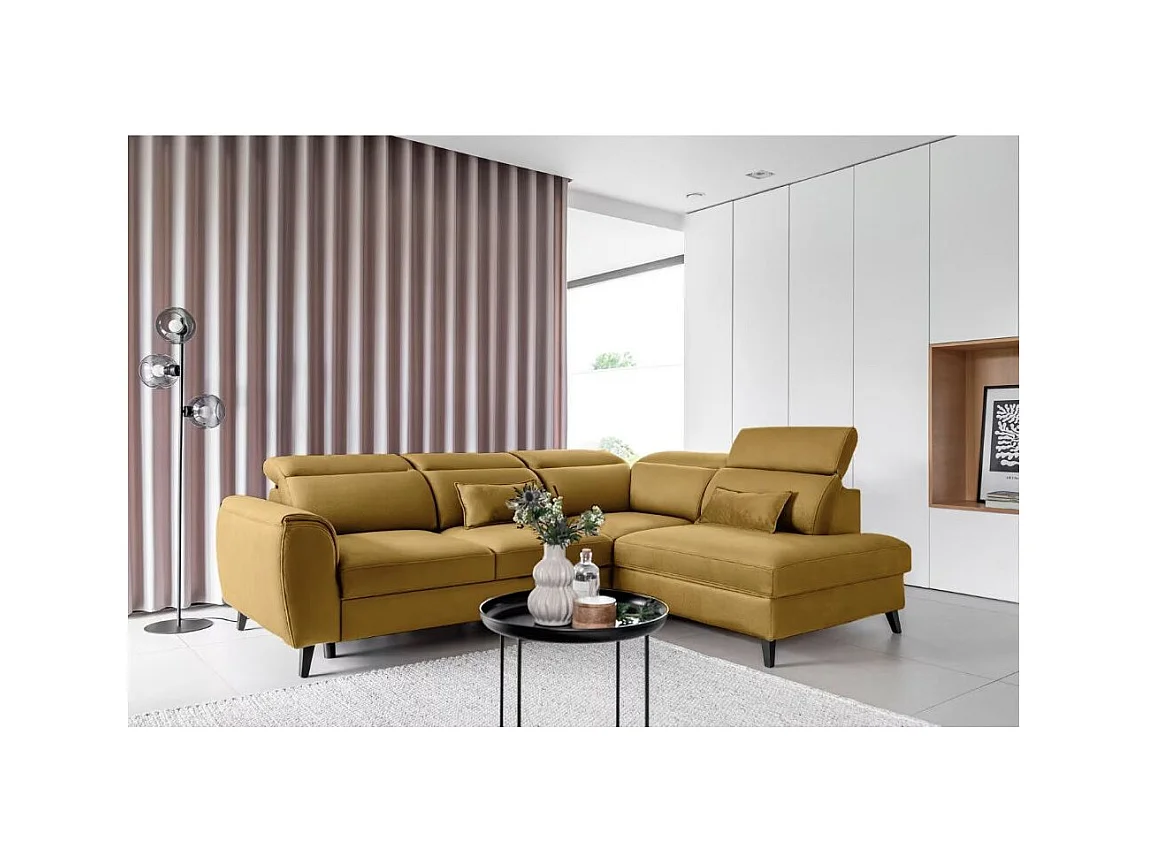 Canapé d'angle convertible avec rangement velours NOBLESSE - Pieds bois noir-Jaune chamoix-angle droit