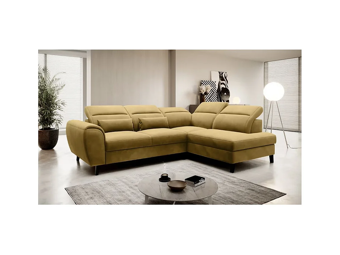 Canapé d'angle convertible avec rangement velours NOBLESSE - Pieds bois noir-Jaune chamoix-angle droit