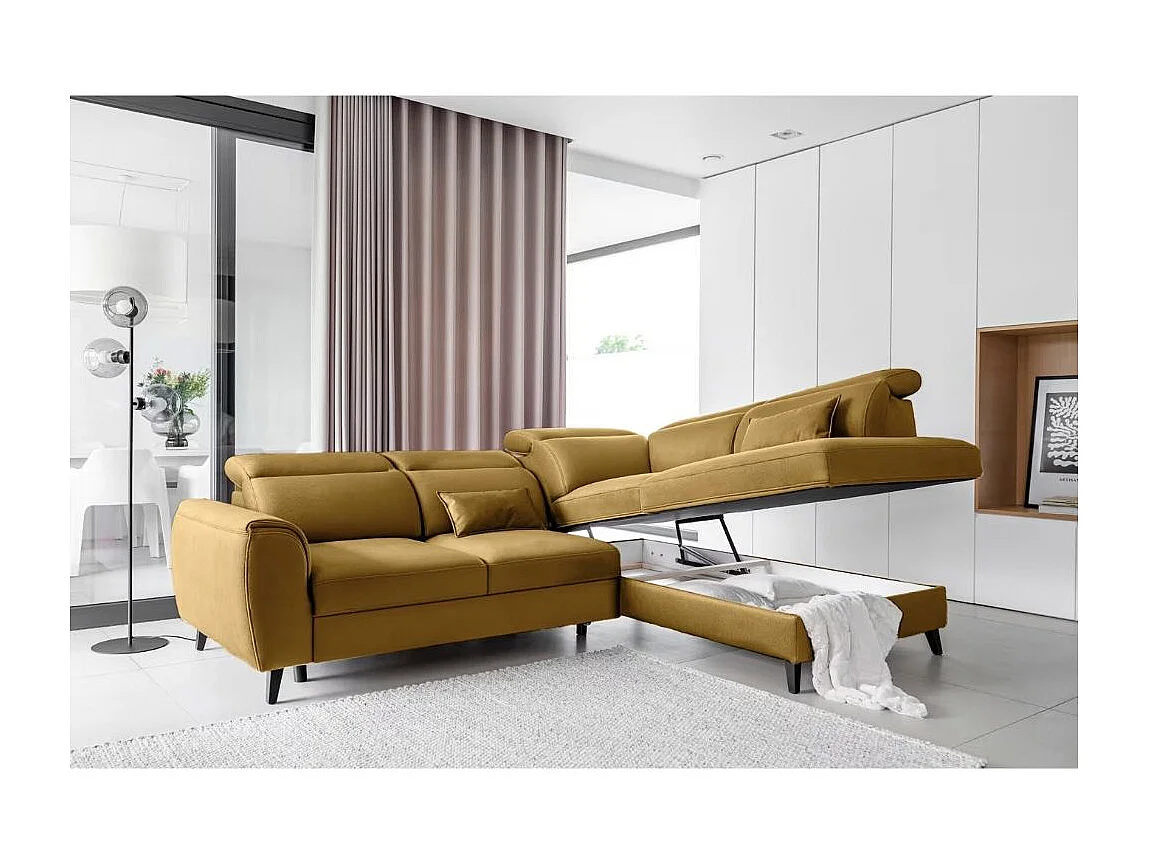 Canapé d'angle convertible avec rangement velours NOBLESSE - Pieds bois noir-Jaune chamoix-angle droit