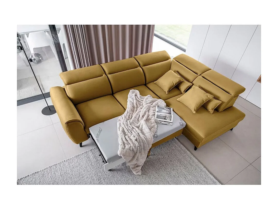 Canapé d'angle convertible avec rangement velours NOBLESSE - Pieds bois noir-Jaune chamoix-angle droit