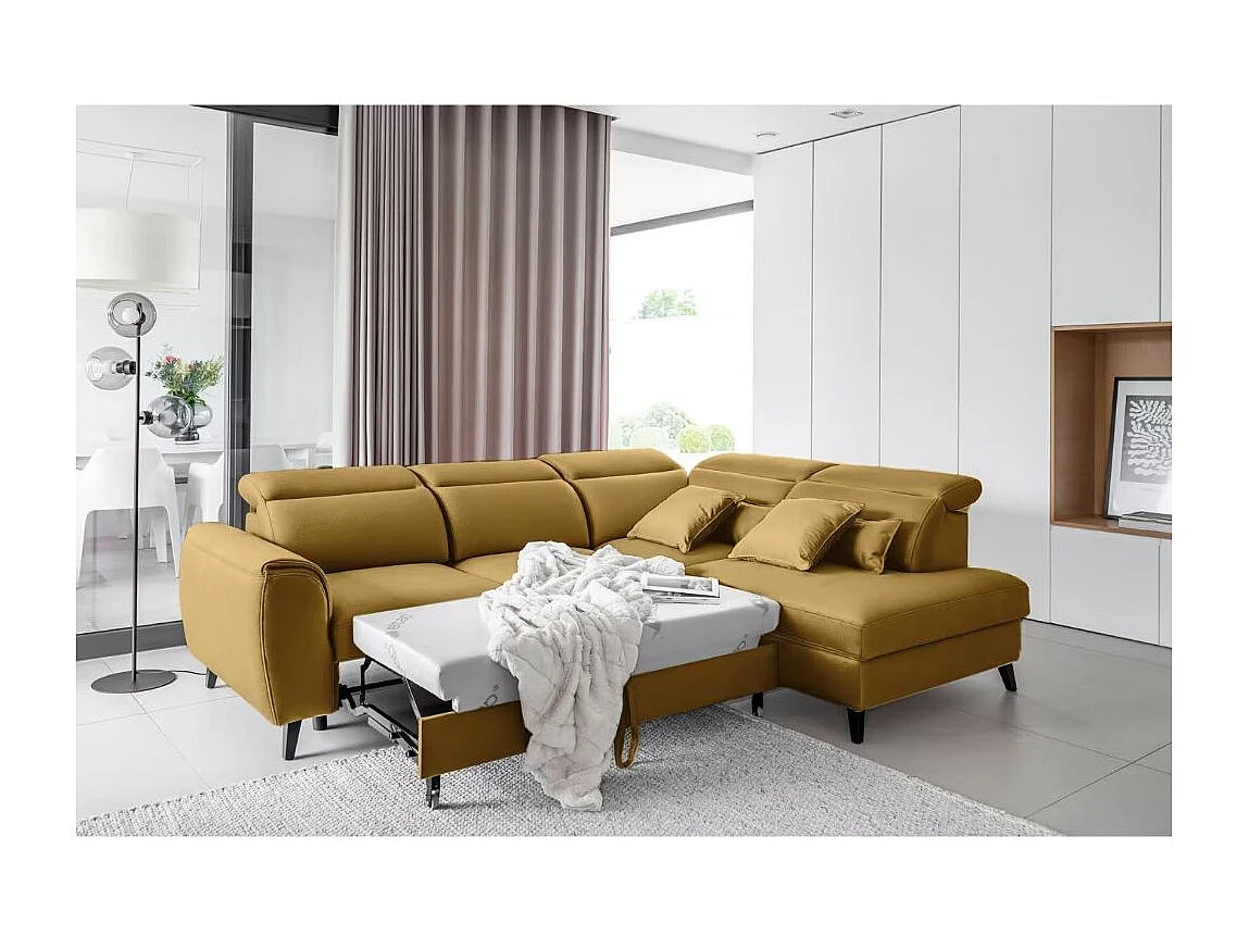 Canapé d'angle convertible avec rangement velours NOBLESSE - Pieds bois noir-Jaune chamoix-angle droit