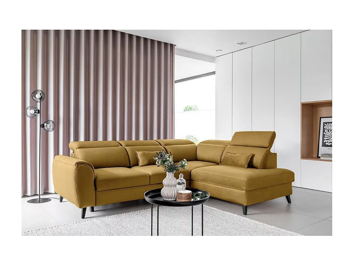 Canapé d'angle convertible avec rangement velours NOBLESSE - Pieds bois noir-Jaune chamoix-angle droit