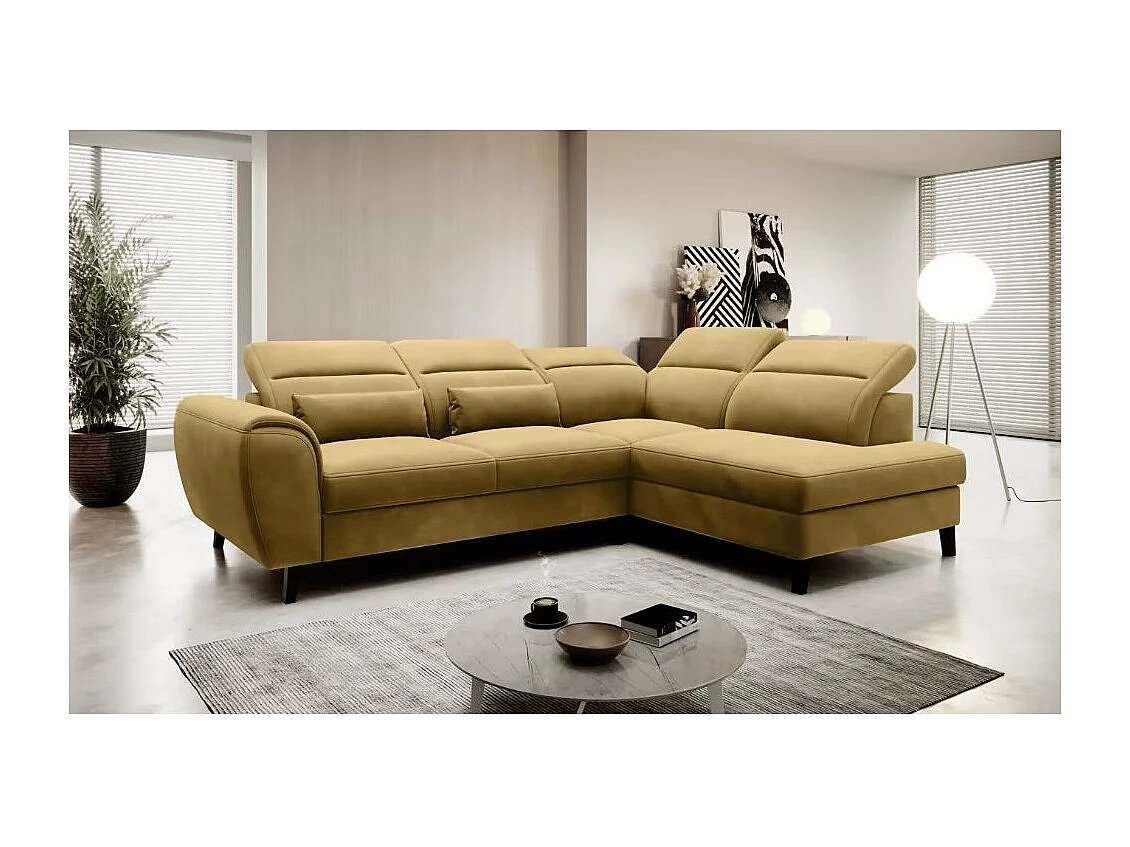 Canapé d'angle convertible avec rangement velours NOBLESSE - Pieds bois noir-Jaune chamoix-angle droit