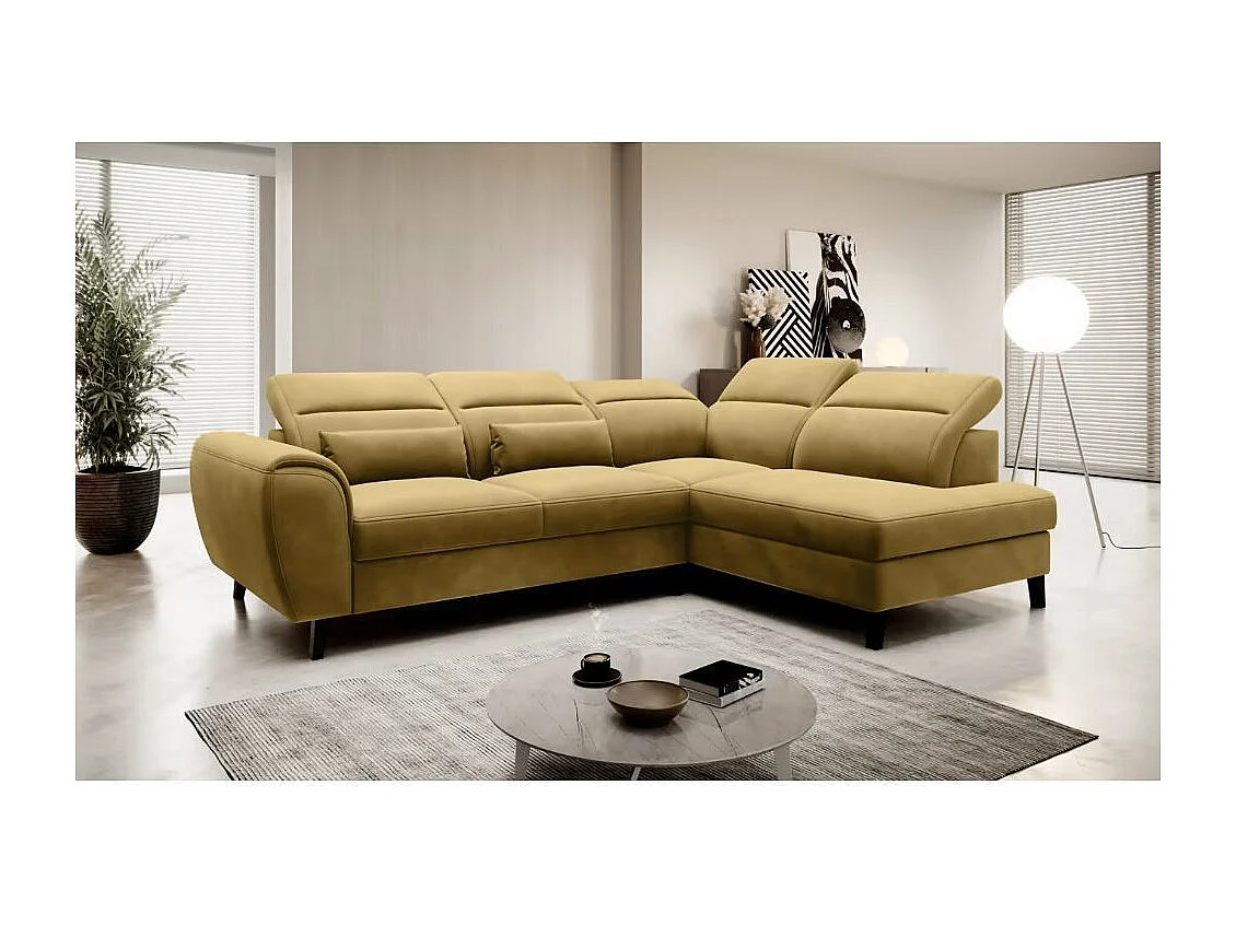 NOBLESSE omvormbare hoekbank met fluwelen opbergruimte - Zwarte houten poten-Kleur Buff geel-juiste hoek