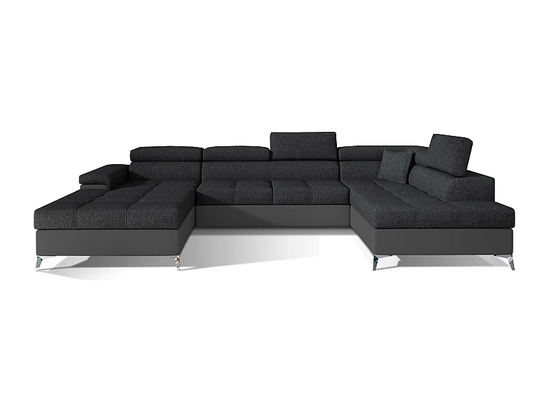 Canapé panoramique convertible KUTTY - Rangement et appuie-têtes réglables-Gris/Gris foncé-Coffre à droite