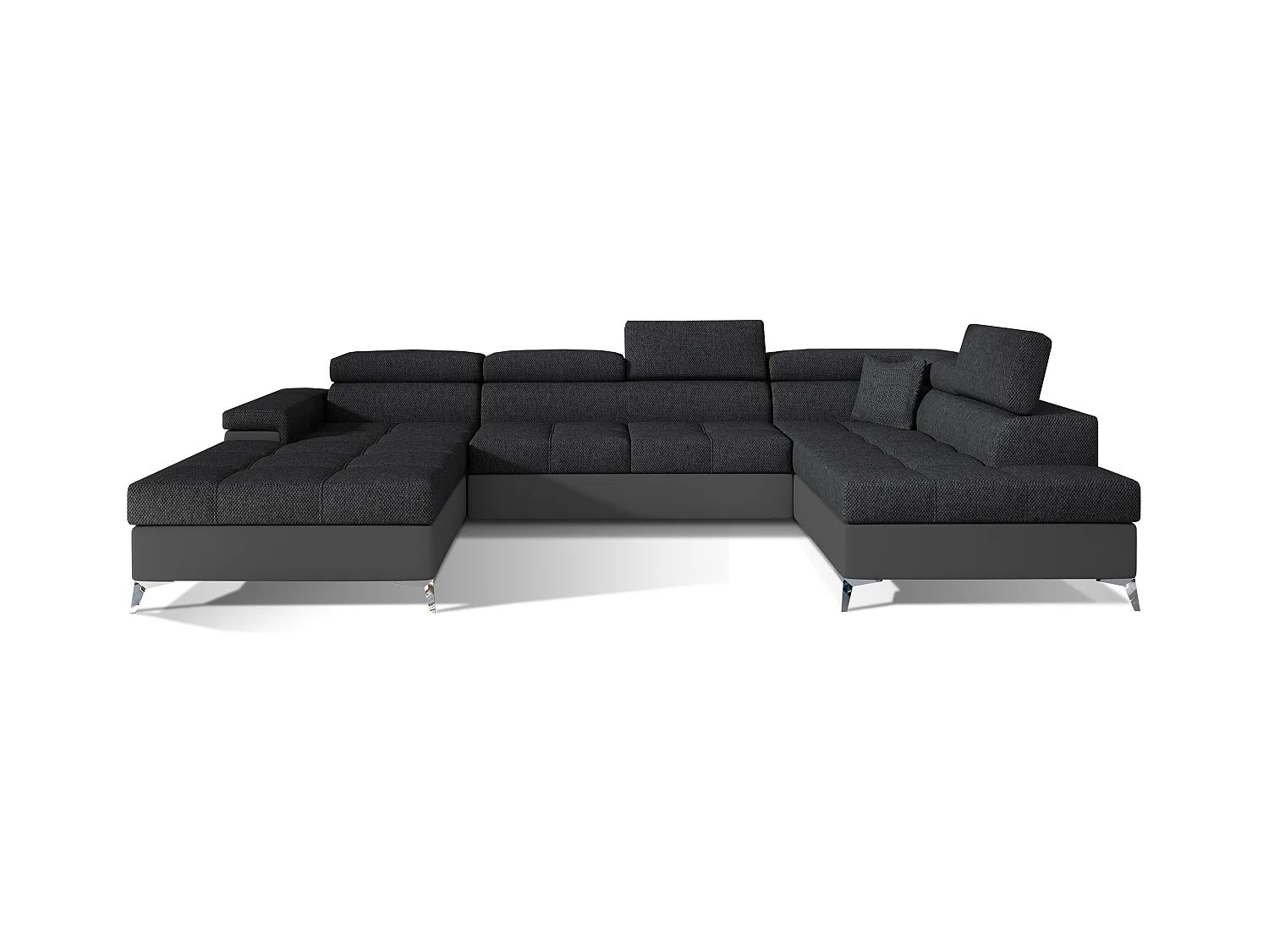 Canapé panoramique convertible KUTTY - Rangement et appuie-têtes réglables-Gris/Gris foncé-Coffre à droite