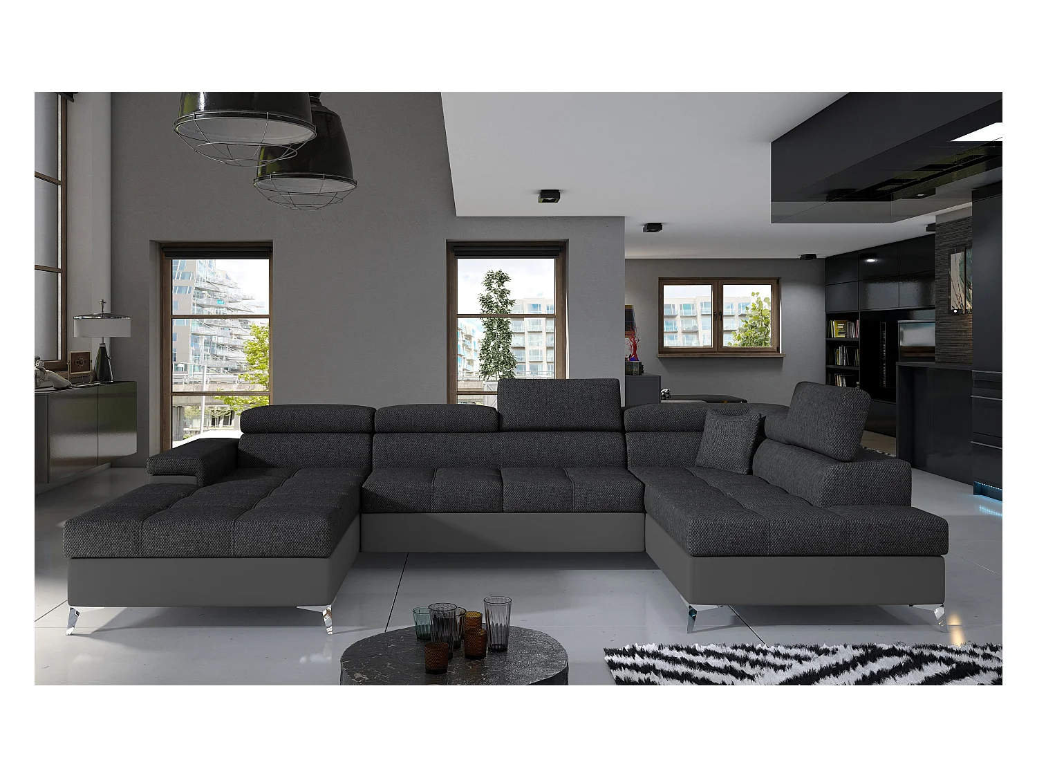 Canapé panoramique convertible KUTTY - Rangement et appuie-têtes réglables-Gris/Gris foncé-Coffre à droite