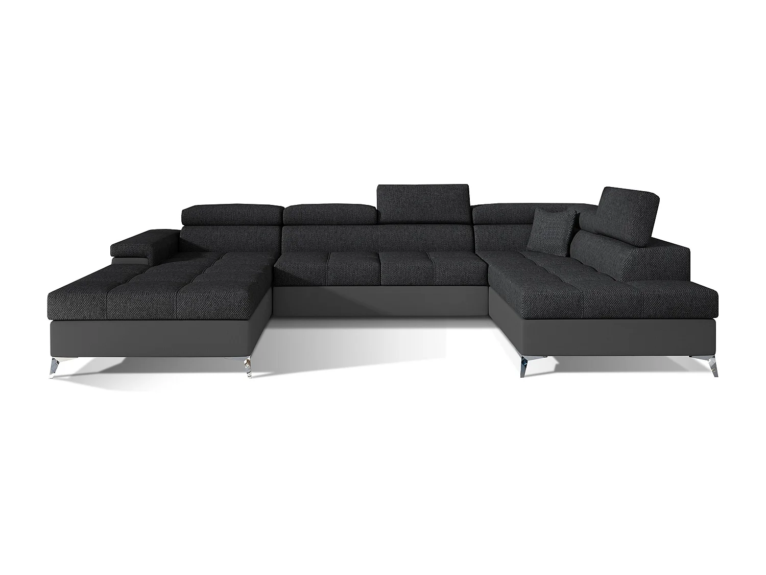 Canapé panoramique convertible KUTTY - Rangement et appuie-têtes réglables-Gris/Gris foncé-Coffre à droite