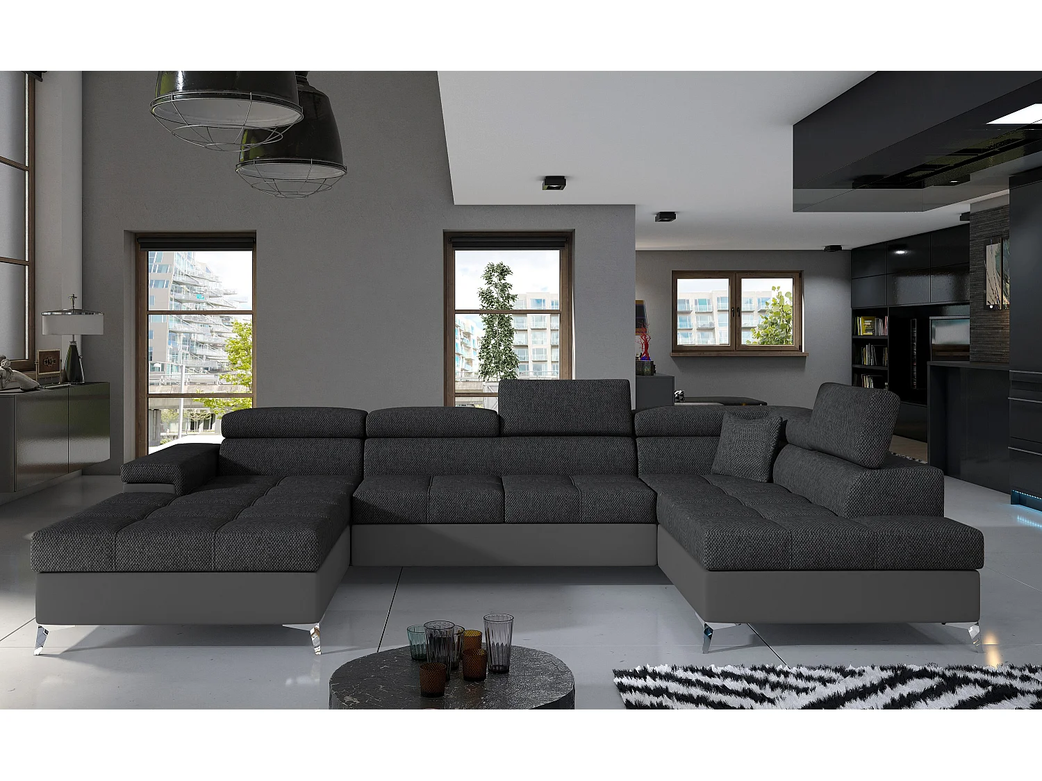 Canapé panoramique convertible KUTTY - Rangement et appuie-têtes réglables-Gris/Gris foncé-Coffre à droite