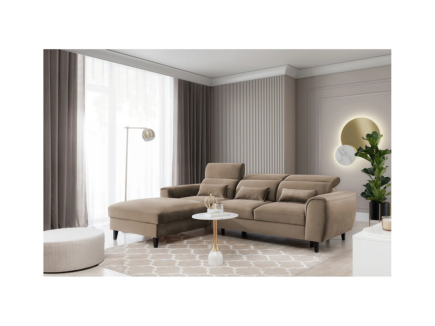 Canapé d'angle convertible velours appuis-tête réglables ASTORIA - Coffre et pieds bois noir-Beige foncé-angle gauche