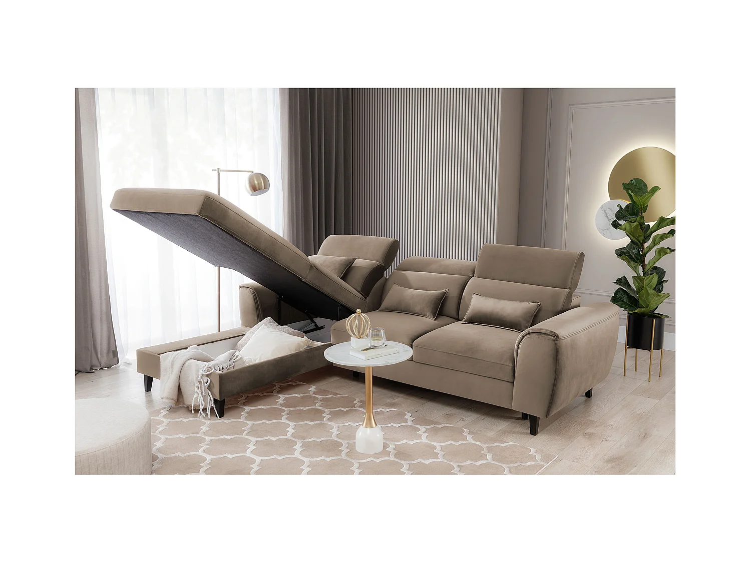 Canapé d'angle convertible velours appuis-tête réglables ASTORIA - Coffre et pieds bois noir-Beige foncé-angle gauche