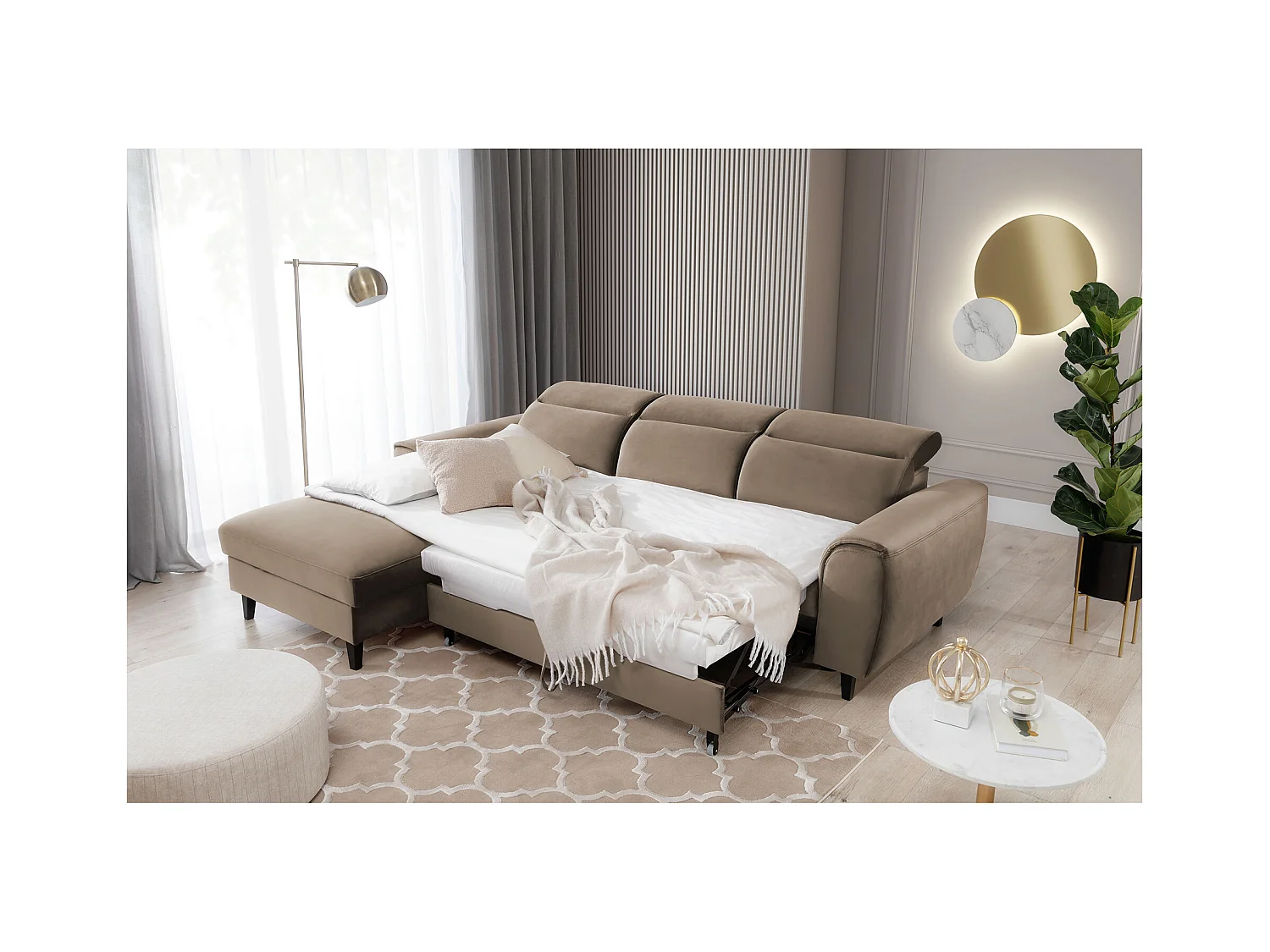 Canapé d'angle convertible velours appuis-tête réglables ASTORIA - Coffre et pieds bois noir-Beige foncé-angle gauche