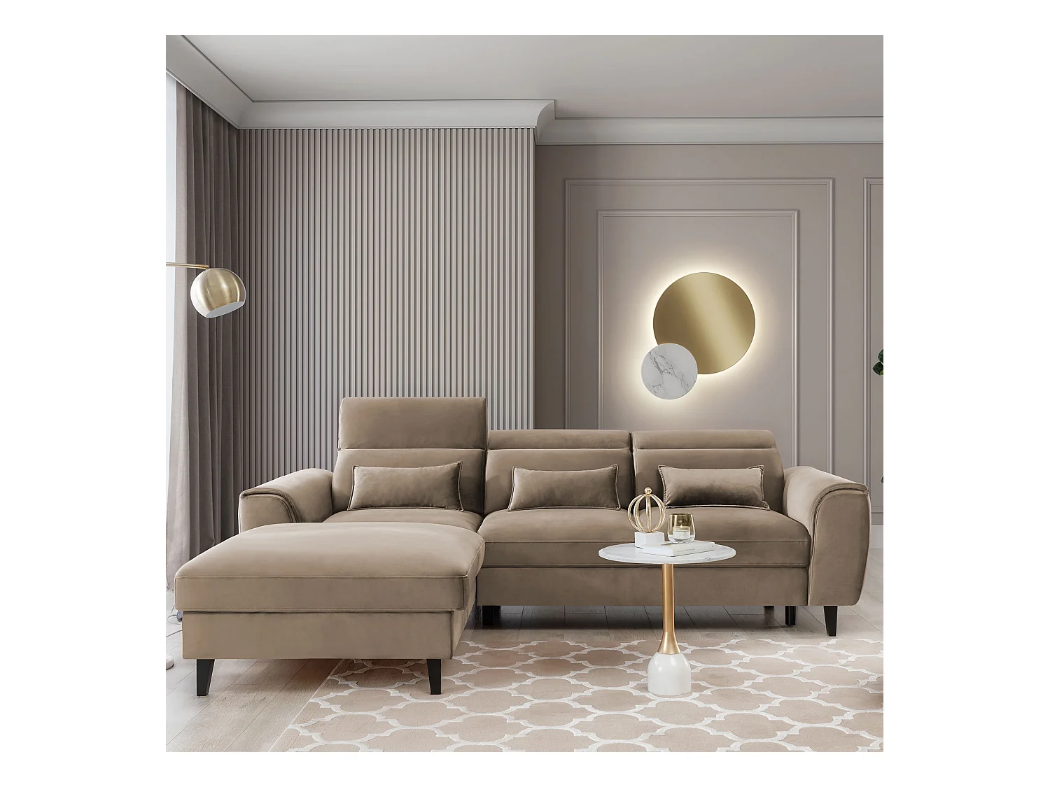 Canapé d'angle convertible velours appuis-tête réglables ASTORIA - Coffre et pieds bois noir-Beige foncé-angle gauche