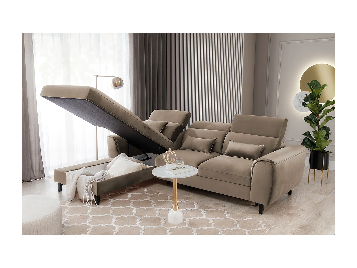 Canapé d'angle convertible velours appuis-tête réglables ASTORIA - Coffre et pieds bois noir-Beige foncé-angle gauche