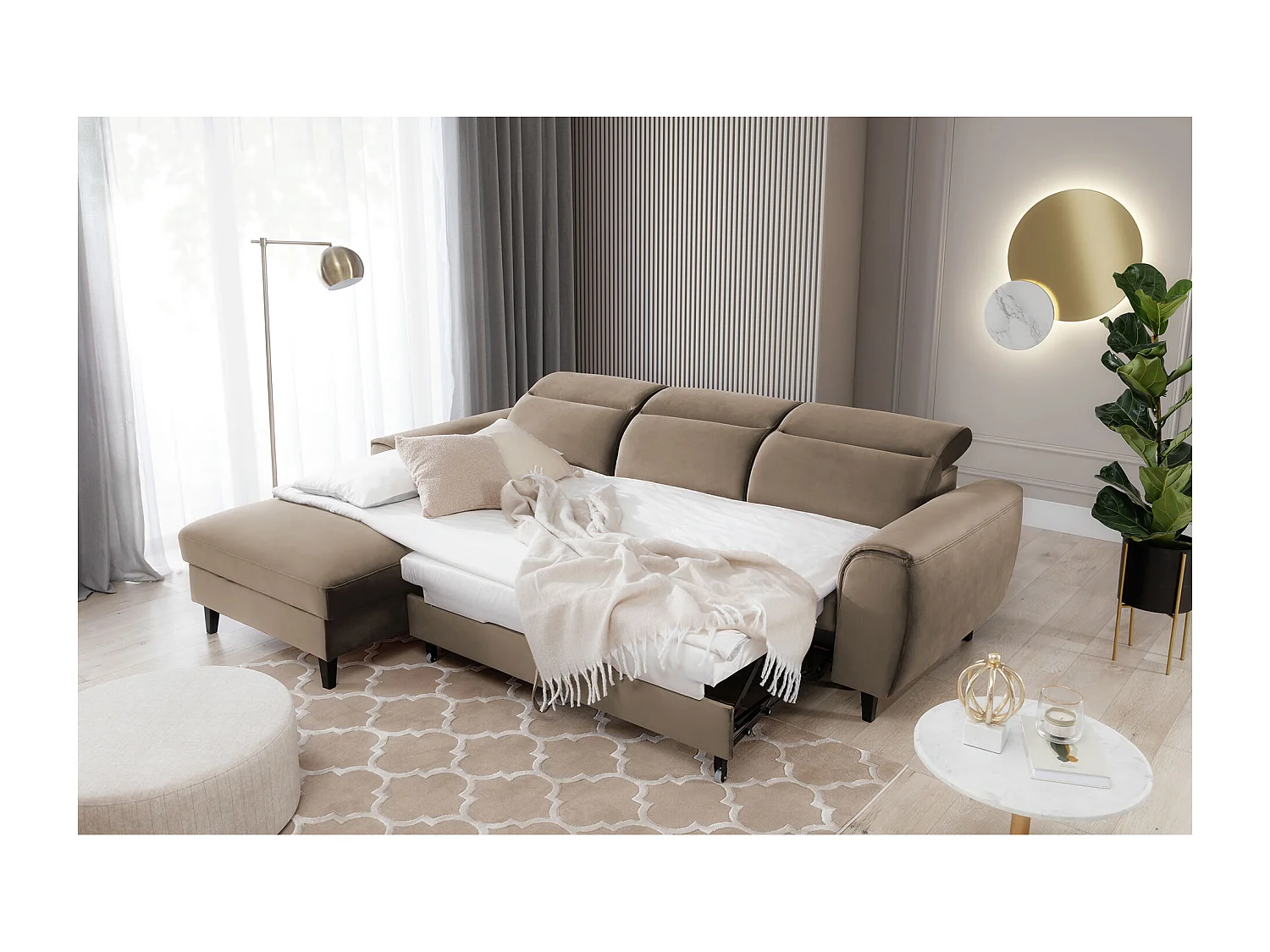 Canapé d'angle convertible velours appuis-tête réglables ASTORIA - Coffre et pieds bois noir-Beige foncé-angle gauche