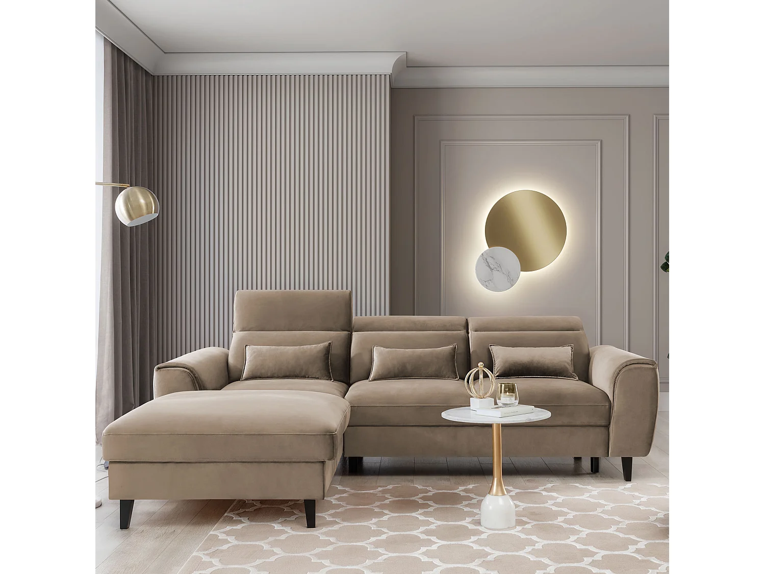 Canapé d'angle convertible velours appuis-tête réglables ASTORIA - Coffre et pieds bois noir-Beige foncé-angle gauche