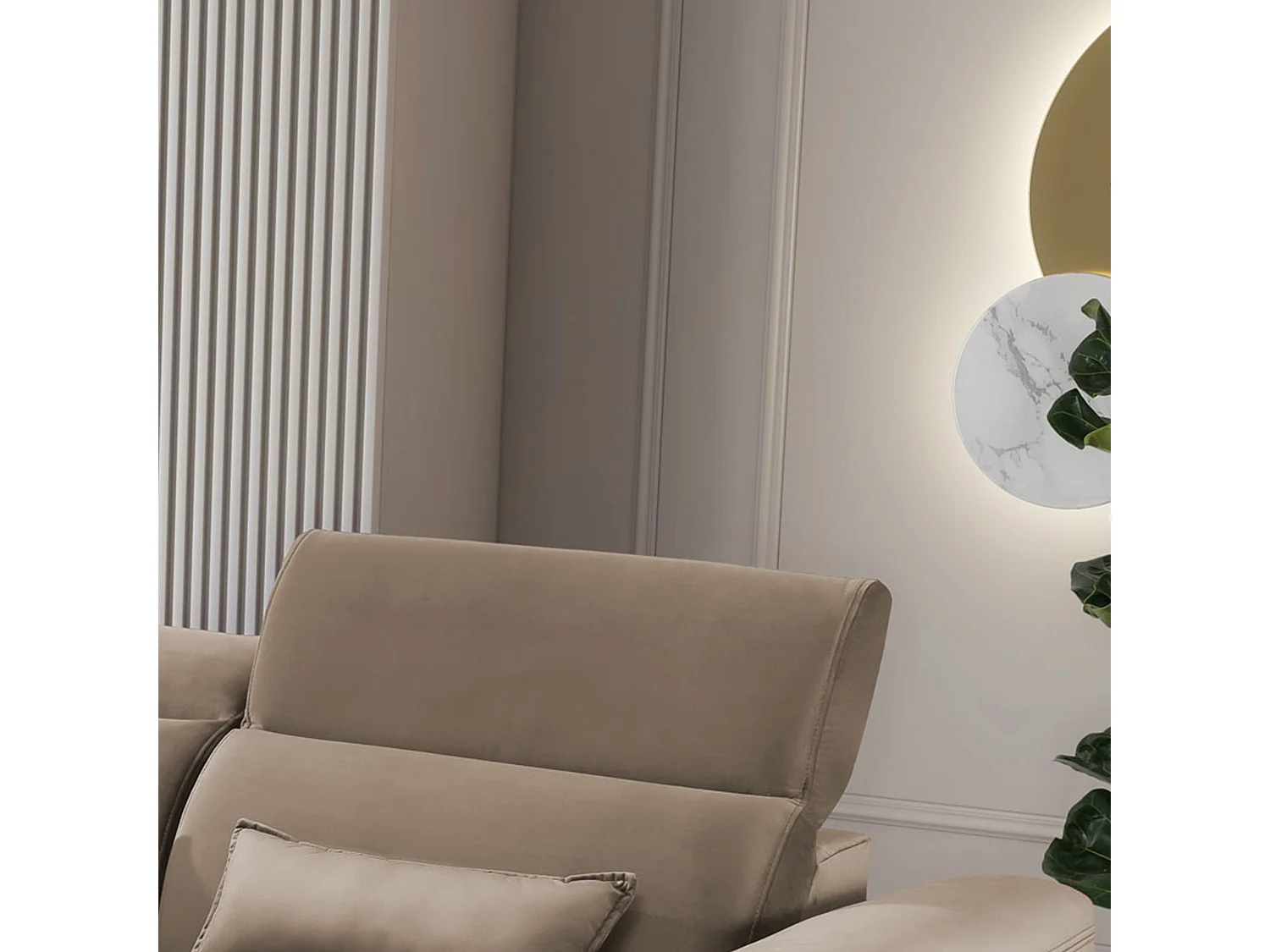 Canapé d'angle convertible velours appuis-tête réglables ASTORIA - Coffre et pieds bois noir-Beige foncé-angle gauche