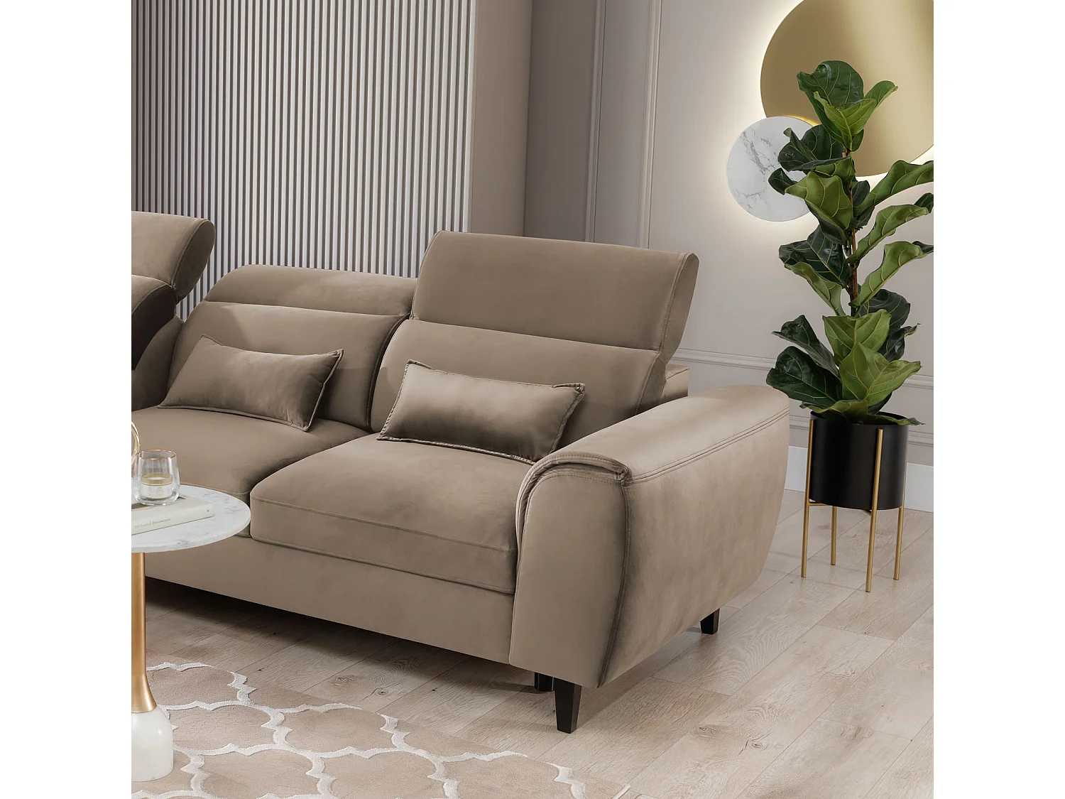 Canapé d'angle convertible velours appuis-tête réglables ASTORIA - Coffre et pieds bois noir-Beige foncé-angle gauche