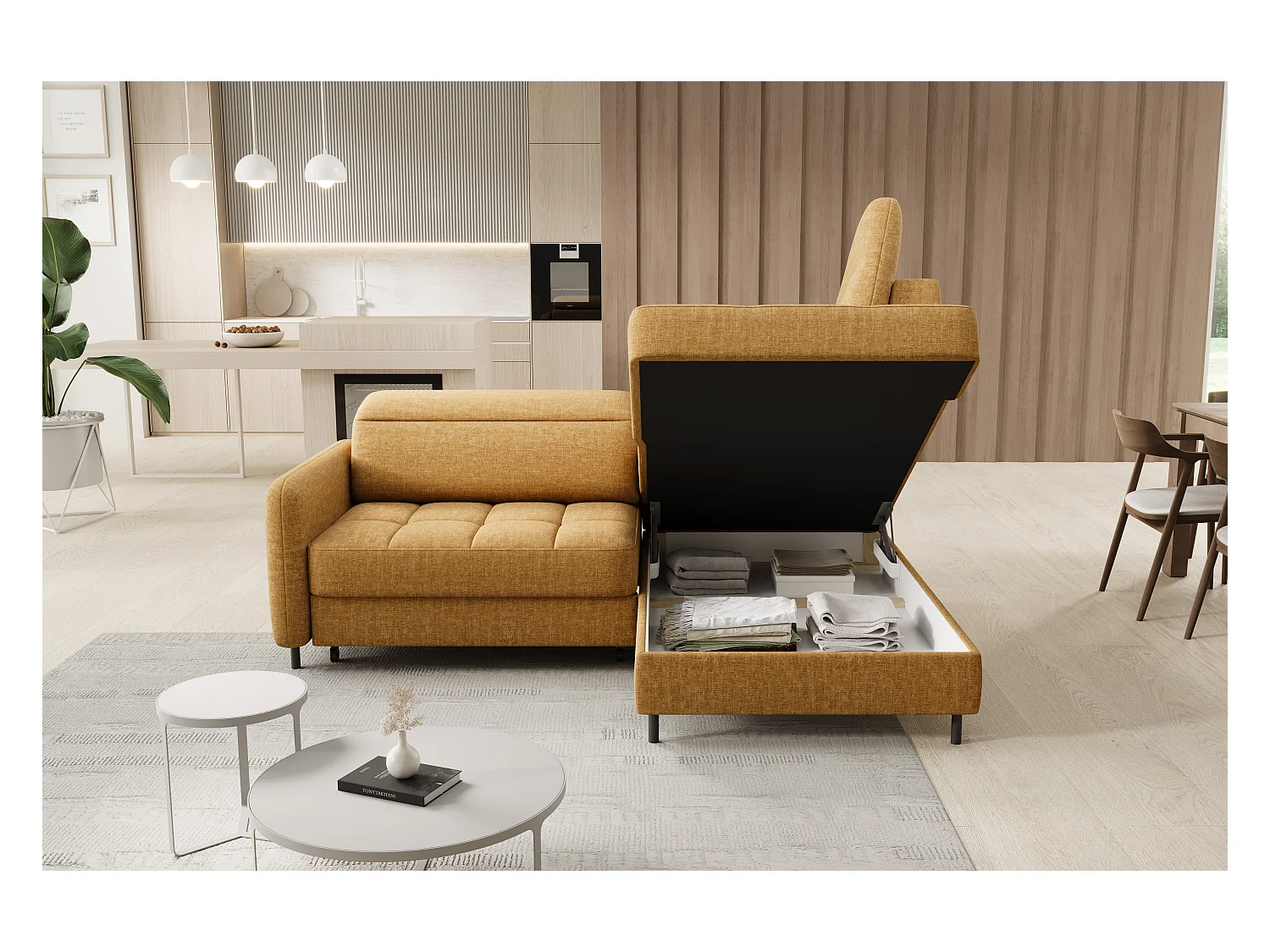 Kleine omvormbare stoffen hoekbank met opbergruimte BOREA 208 cm-Kleur kameel-juiste hoek